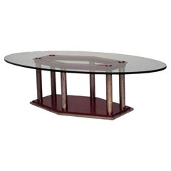 Glass topped coffee tables with 6 brass column legs on hexagonal leather base