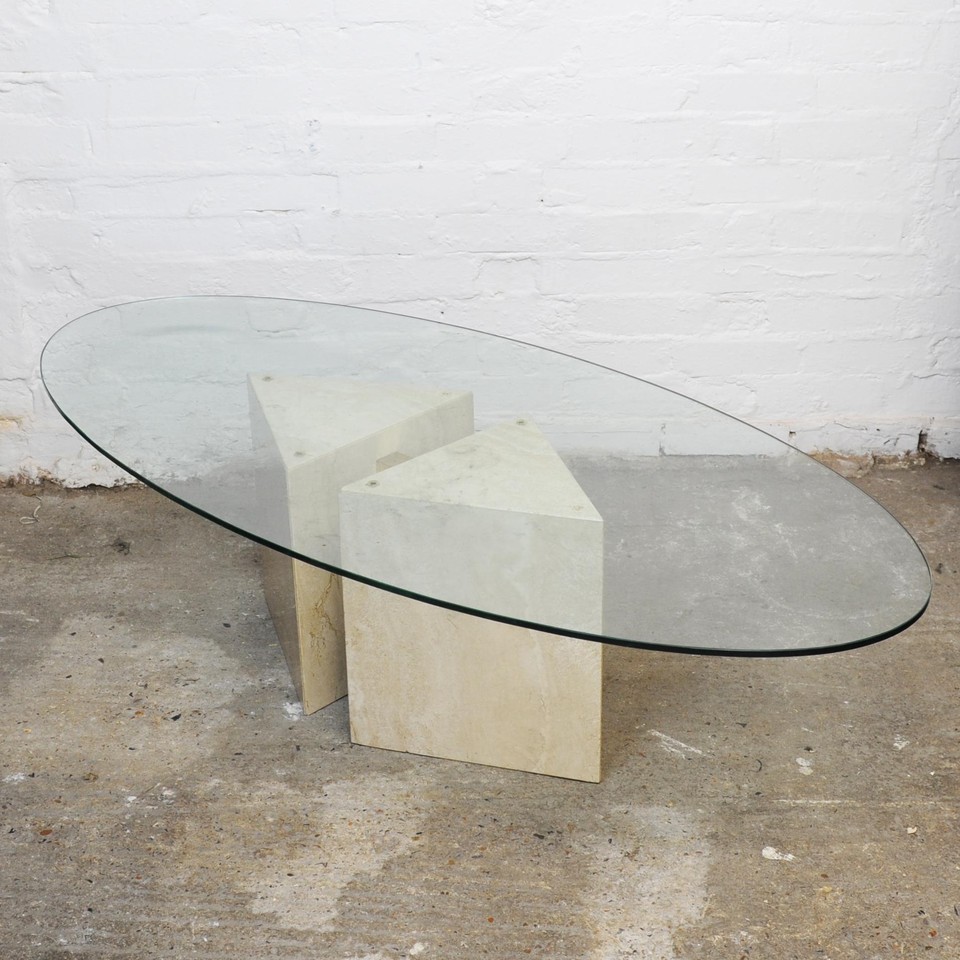 Glass topped Oval Coffee Table on a Travertine and Brass Base, 1980s For Sale 5