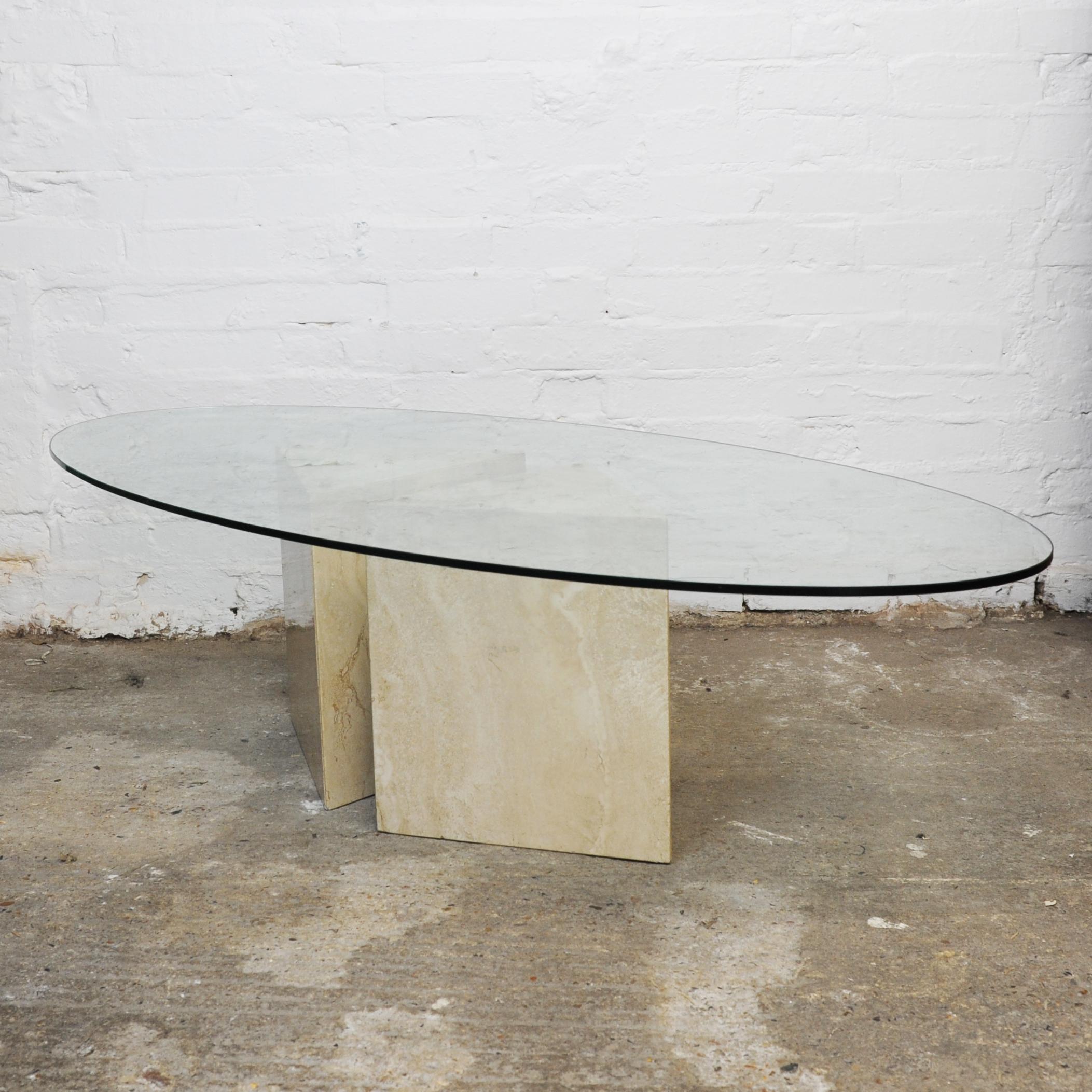 Glass topped Oval Coffee Table on a Travertine and Brass Base, 1980s For Sale 6
