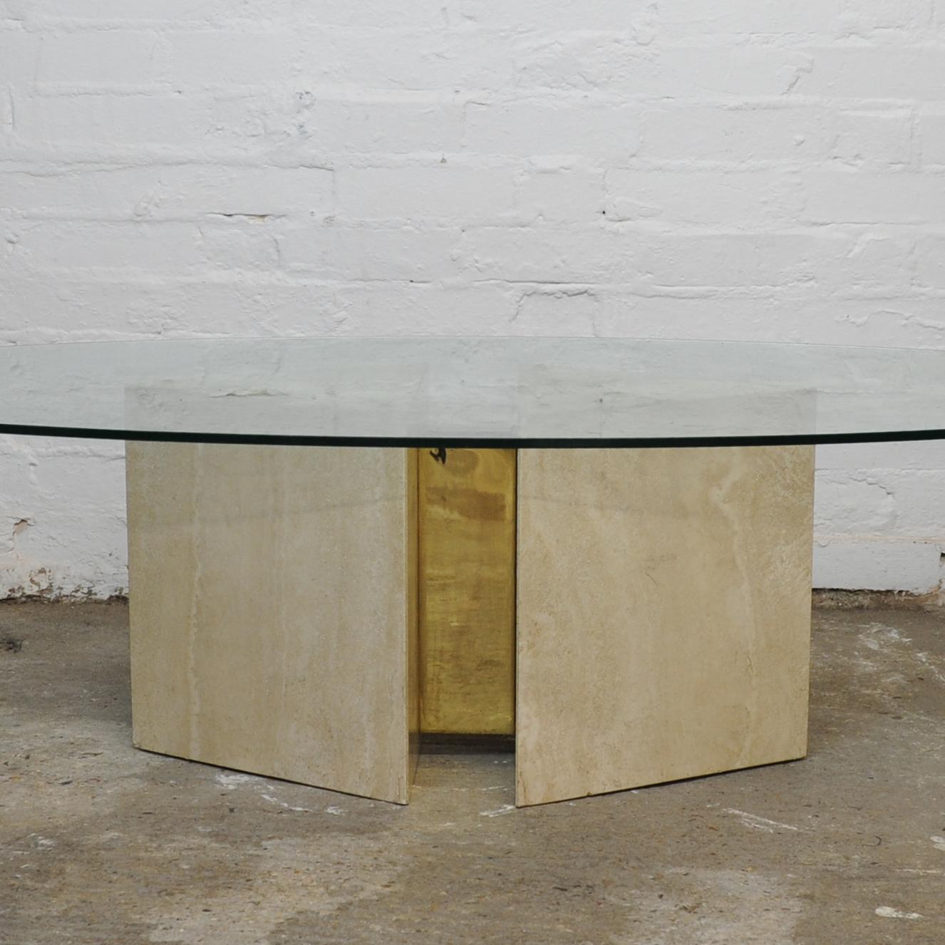 Glass topped Oval Coffee Table on a Travertine and Brass Base, 1980s For Sale 7