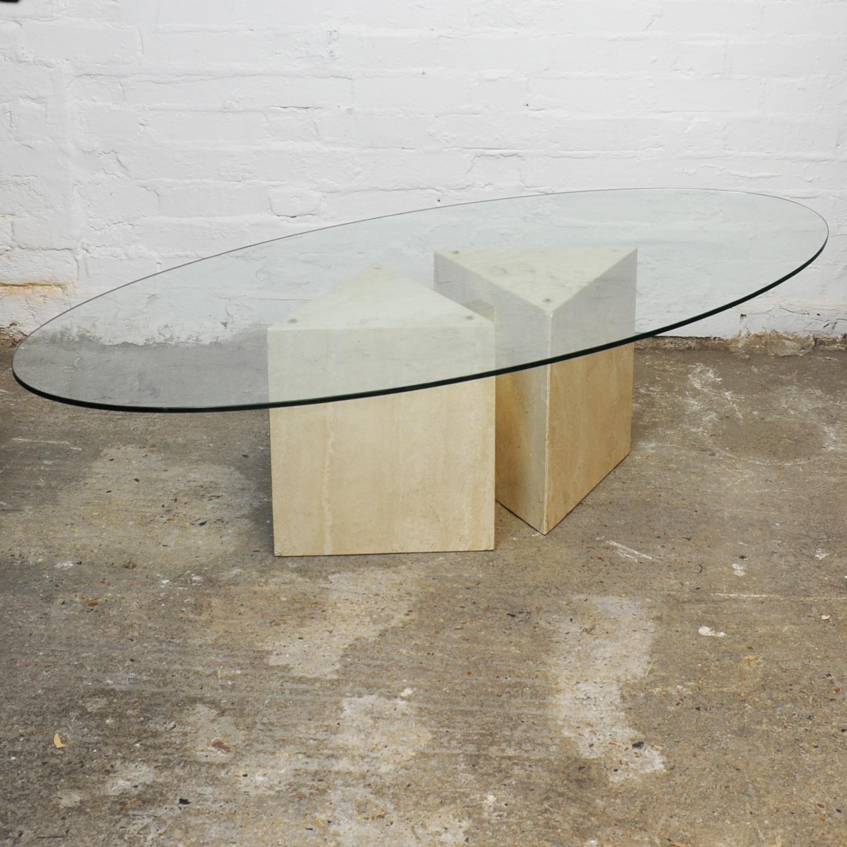 Glass topped Oval Coffee Table on a Travertine and Brass Base, 1980s For Sale 8