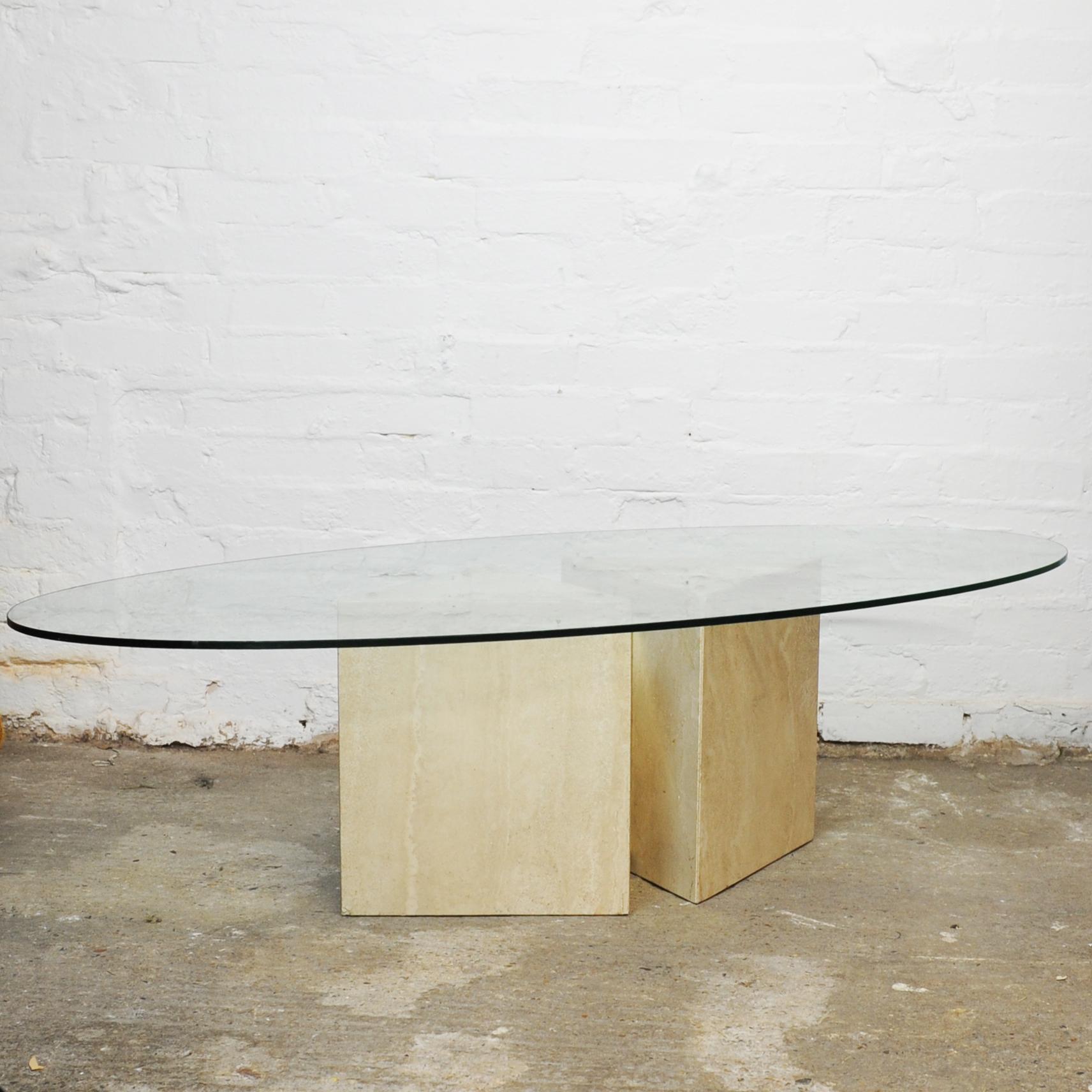 Glass topped Oval Coffee Table on a Travertine and Brass Base, 1980s For Sale 9