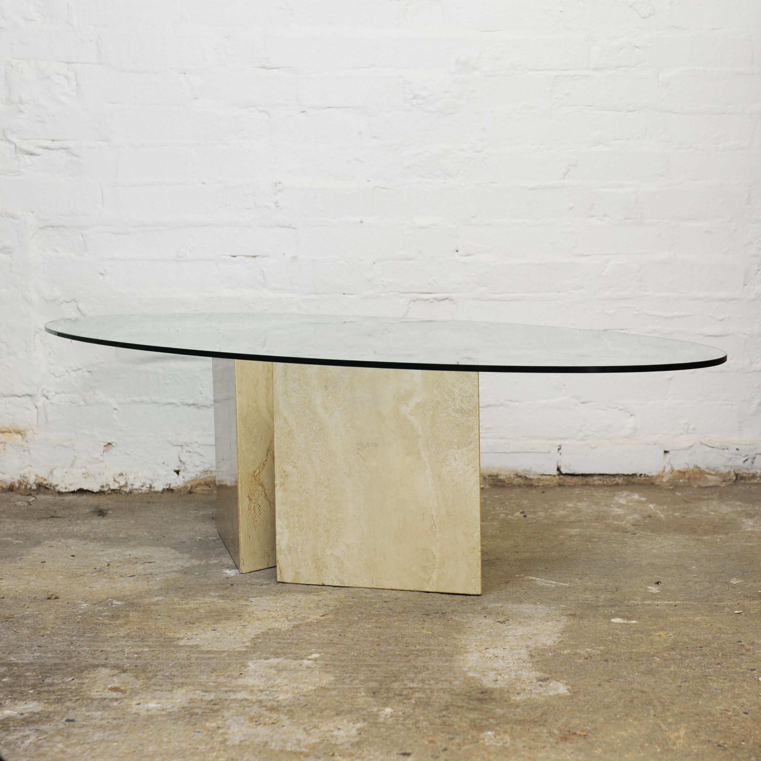 Glass topped Oval Coffee Table on a Travertine and Brass Base, 1980s In Fair Condition For Sale In Chesham, GB