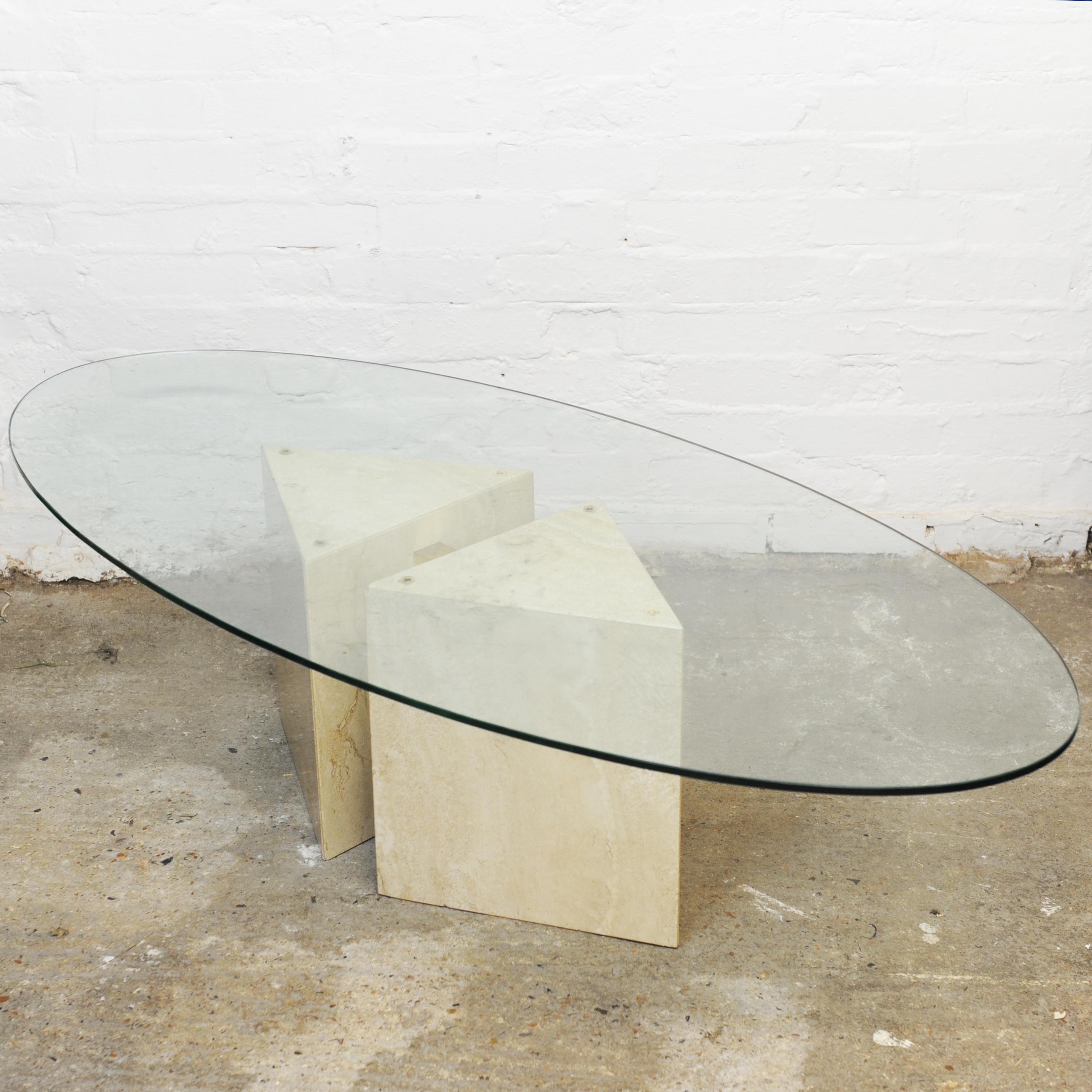 Late 20th Century Glass topped Oval Coffee Table on a Travertine and Brass Base, 1980s For Sale