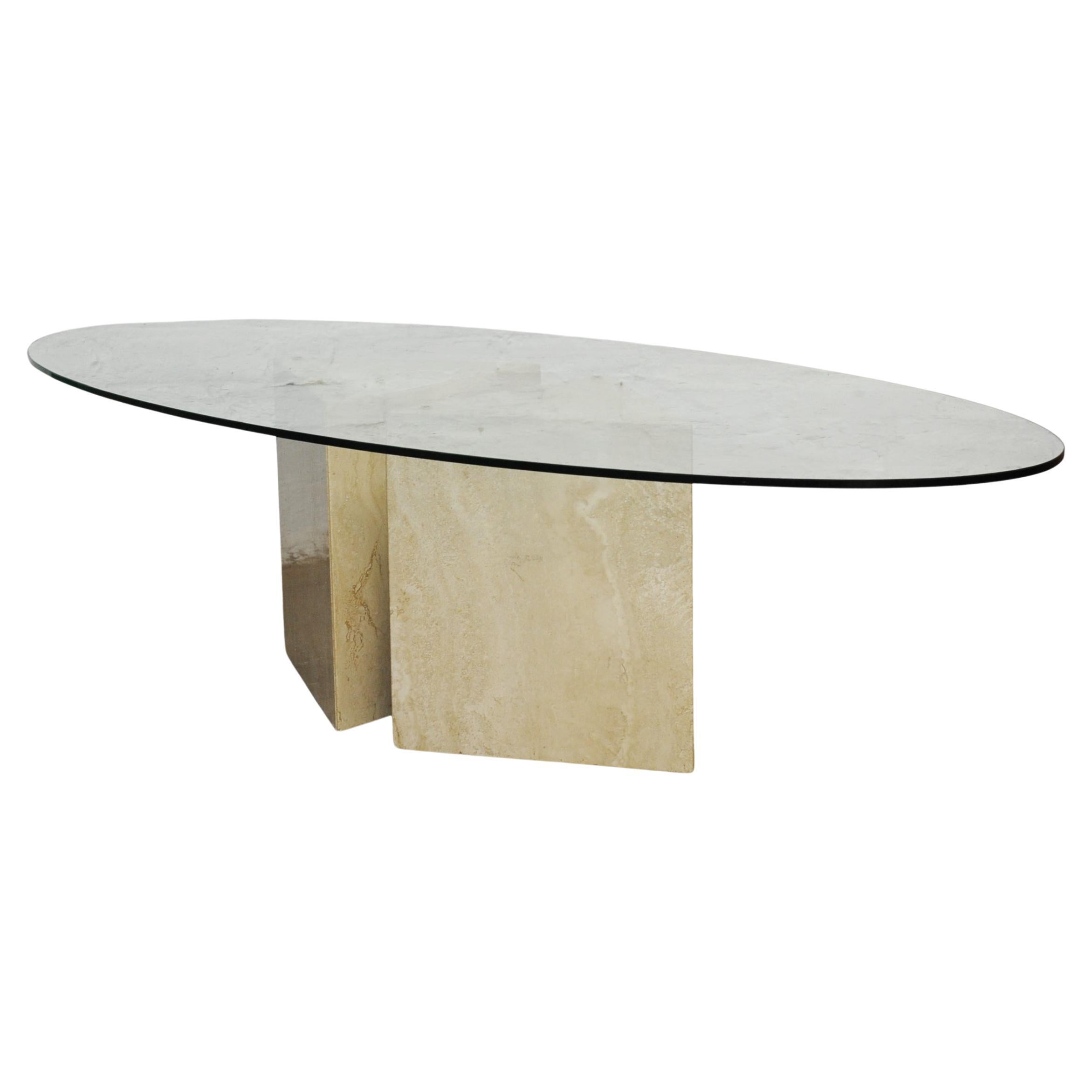 Glass topped Oval Coffee Table on a Travertine and Brass Base, 1980s