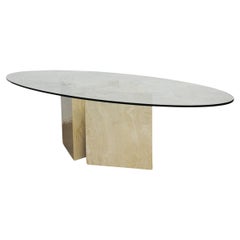 Glass topped Oval Coffee Table on a Travertine and Brass Base, 1980s
