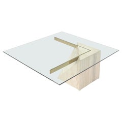 Glass Travertine & Brass Italian Mid-Century Modern Square coffee Table MINT!