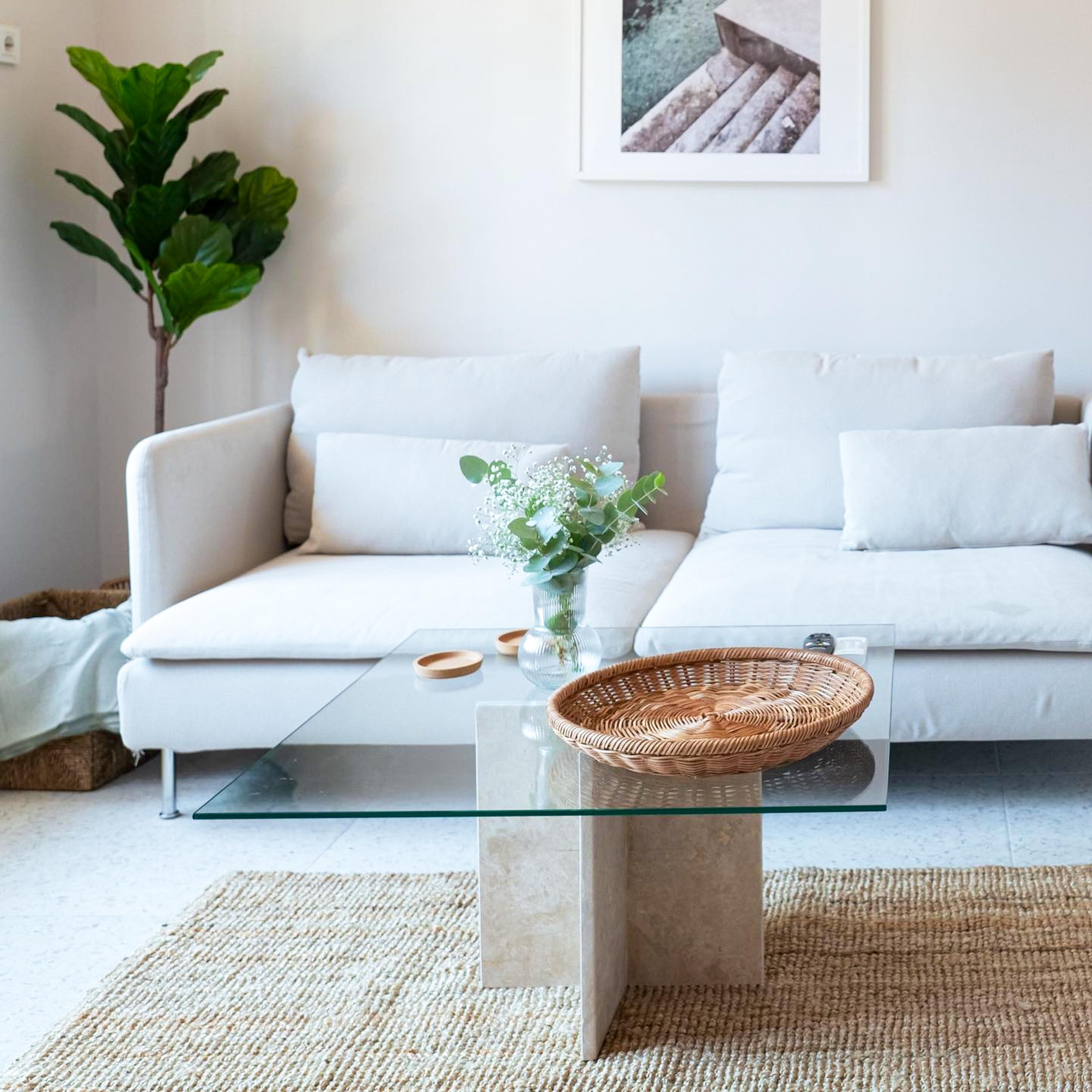 Minimalist Glass Travertine Center Coffee Table - Square Marble Glass Coffee Table For Sale