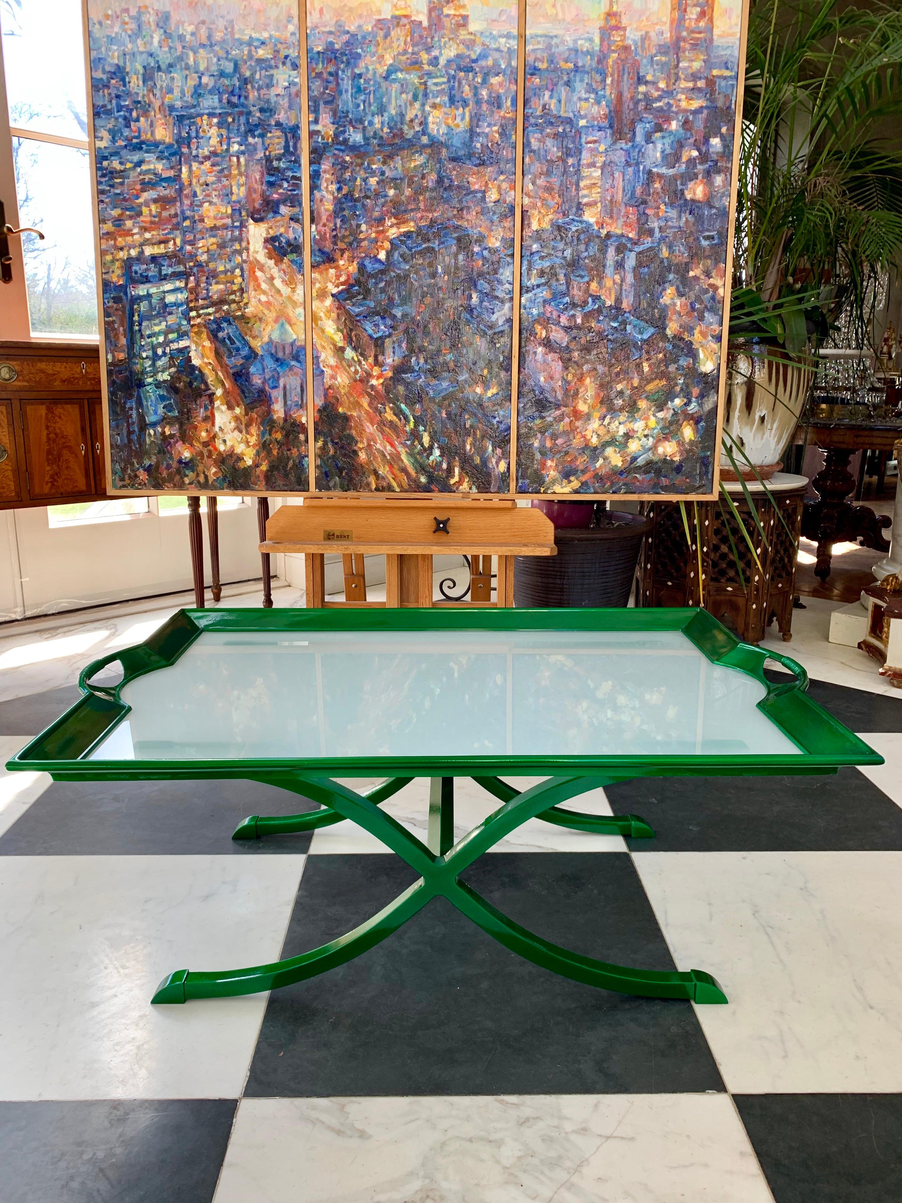 Modern A Unique Green La Barge Glass Top Coffee Table  For Sale
