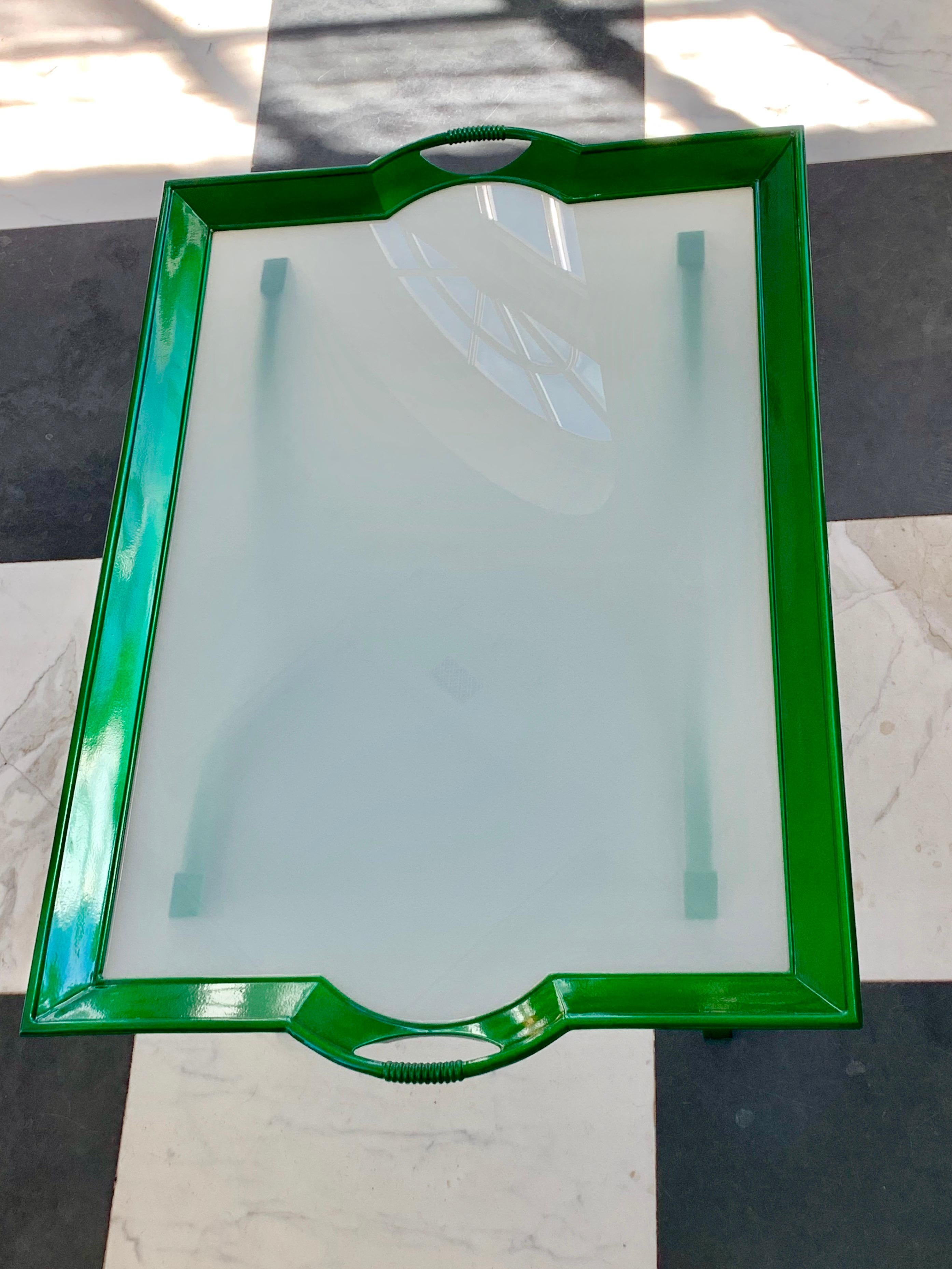 Powder-Coated A Unique Green La Barge Glass Top Coffee Table  For Sale
