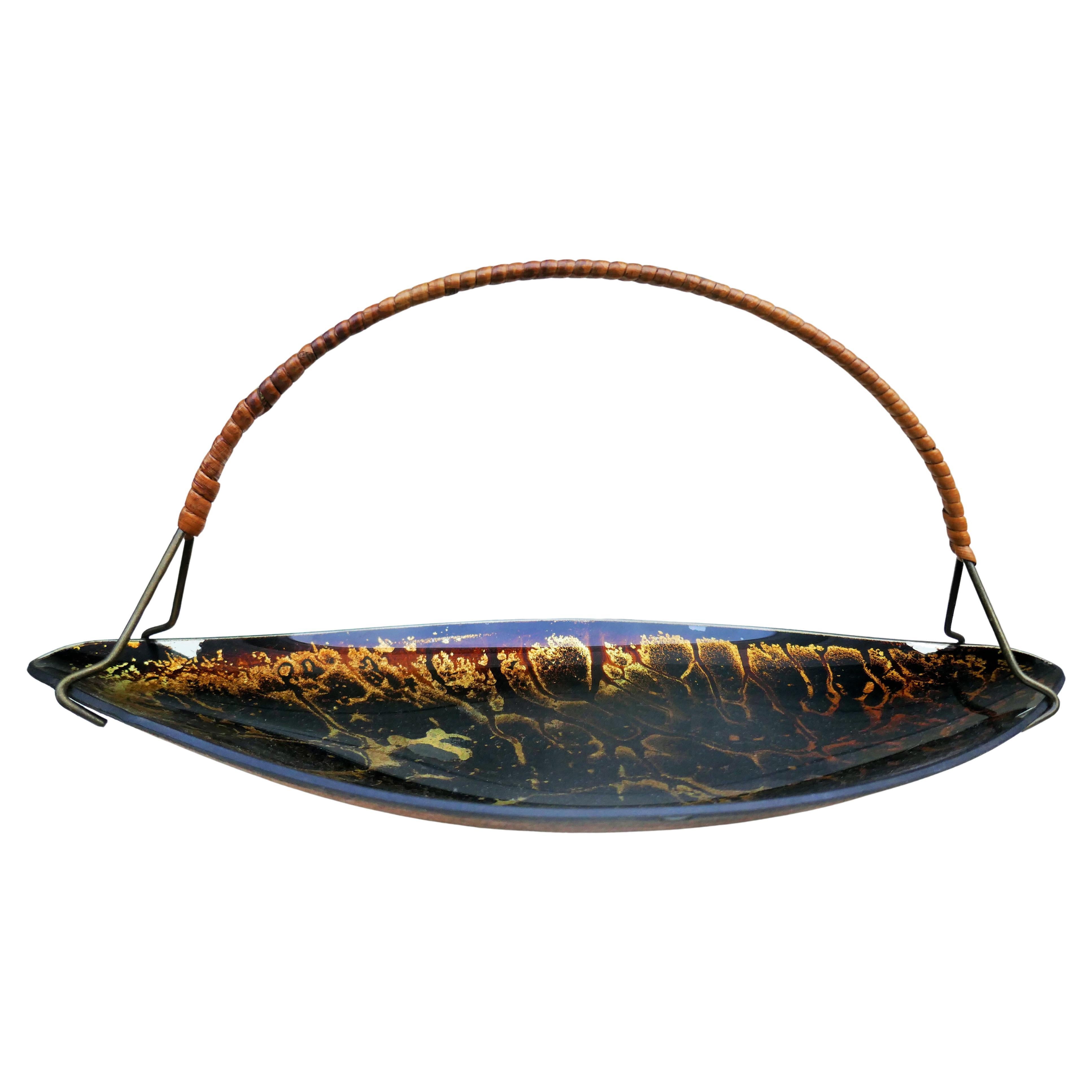 Modern Glass tray with possible gold leaf and an abstract design. For Sale