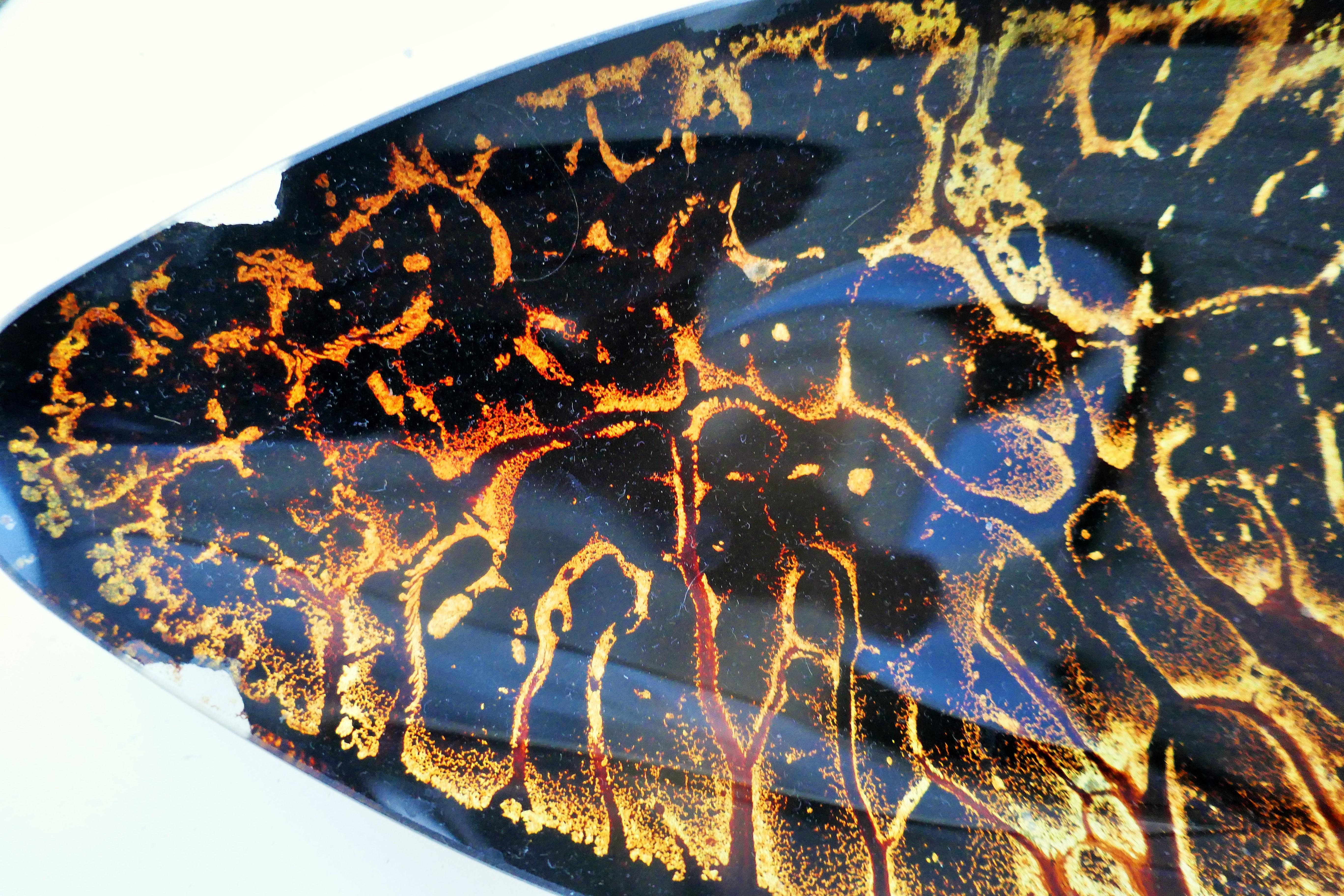 Glass tray with possible gold leaf and an abstract design. For Sale 1