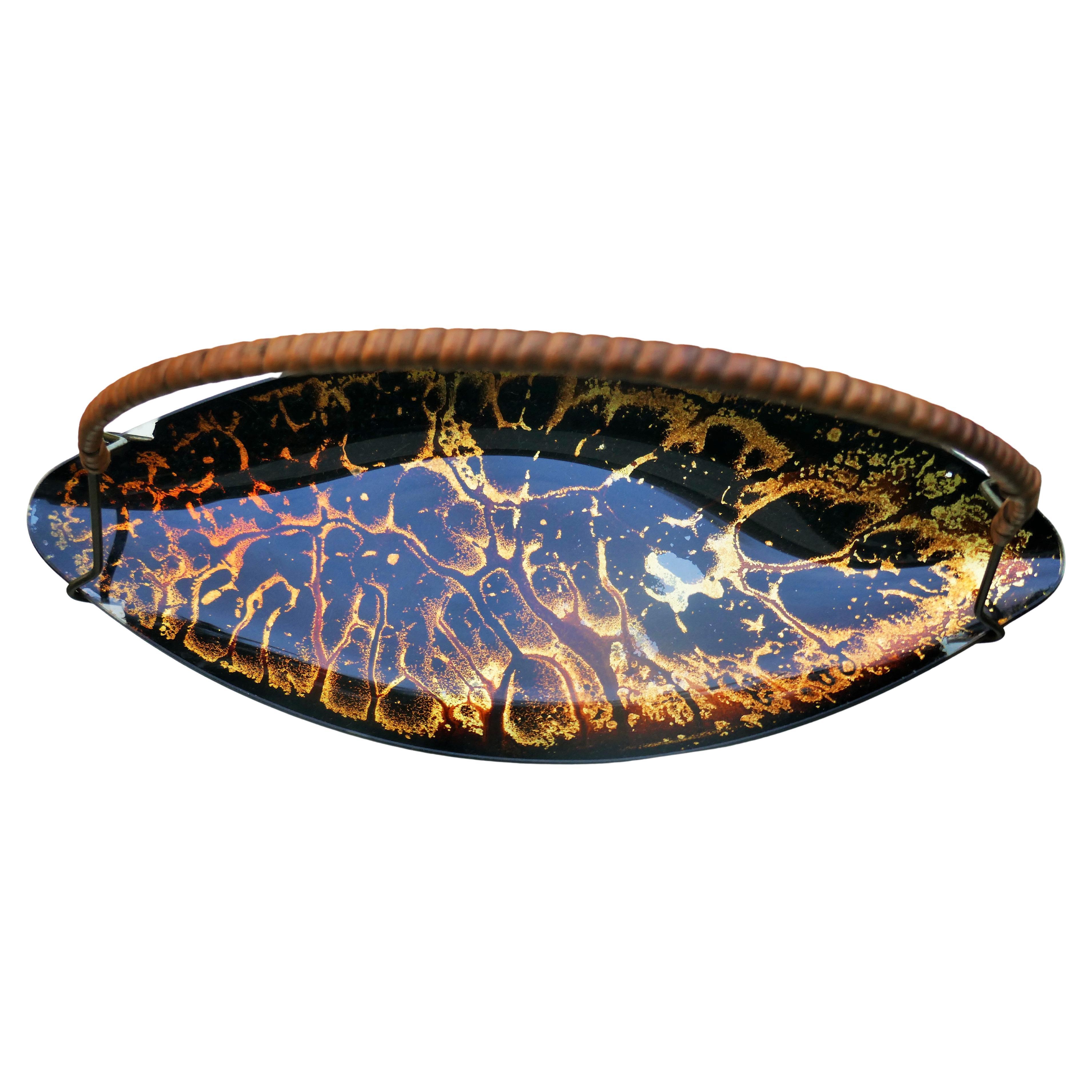 Glass tray with possible gold leaf and an abstract design. For Sale 2