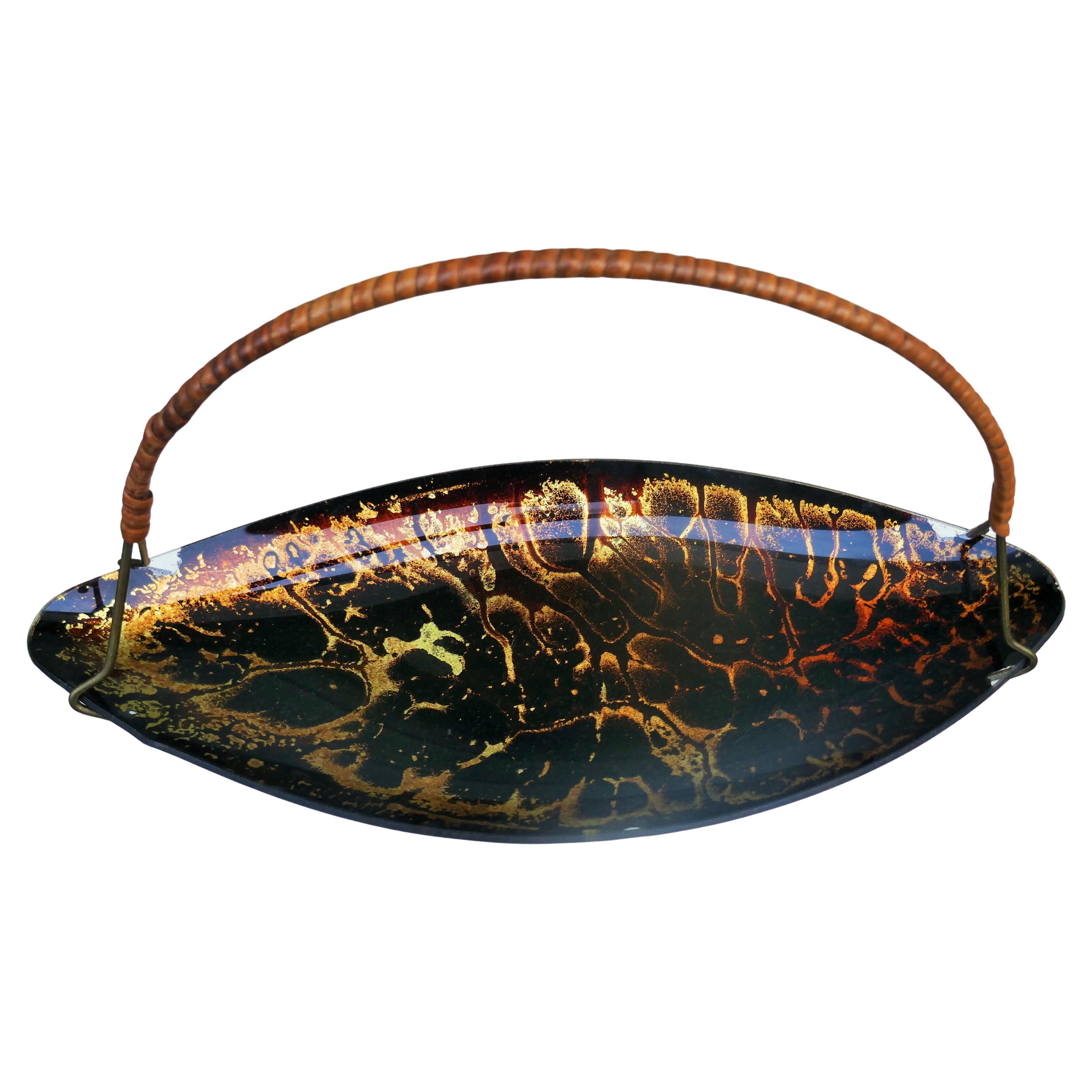 Glass tray with possible gold leaf and an abstract design. For Sale