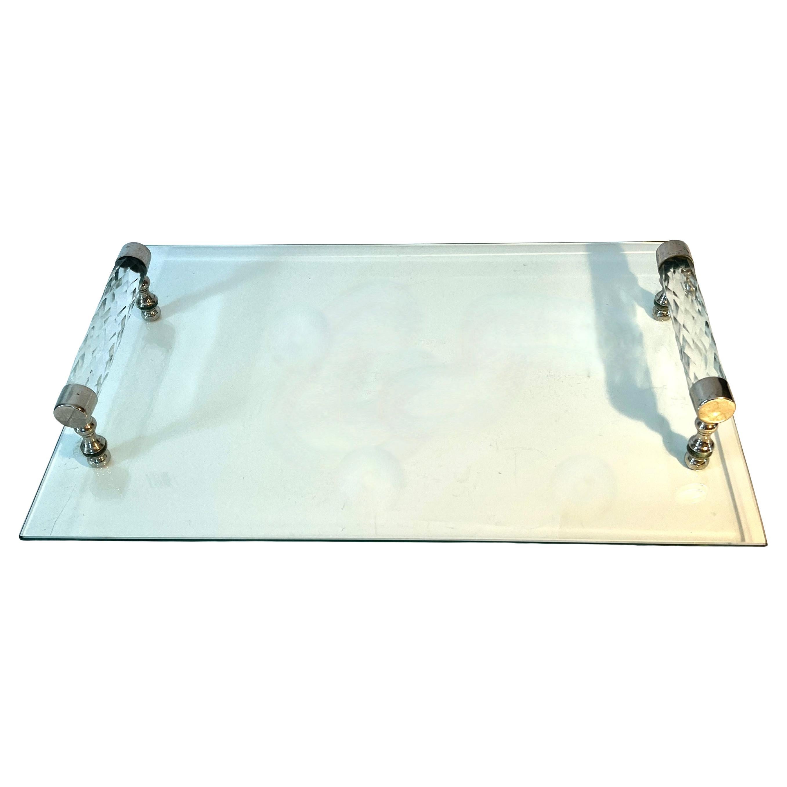 Glass Tray with Scroll Turned Glass and Silver Plate Handles For Sale