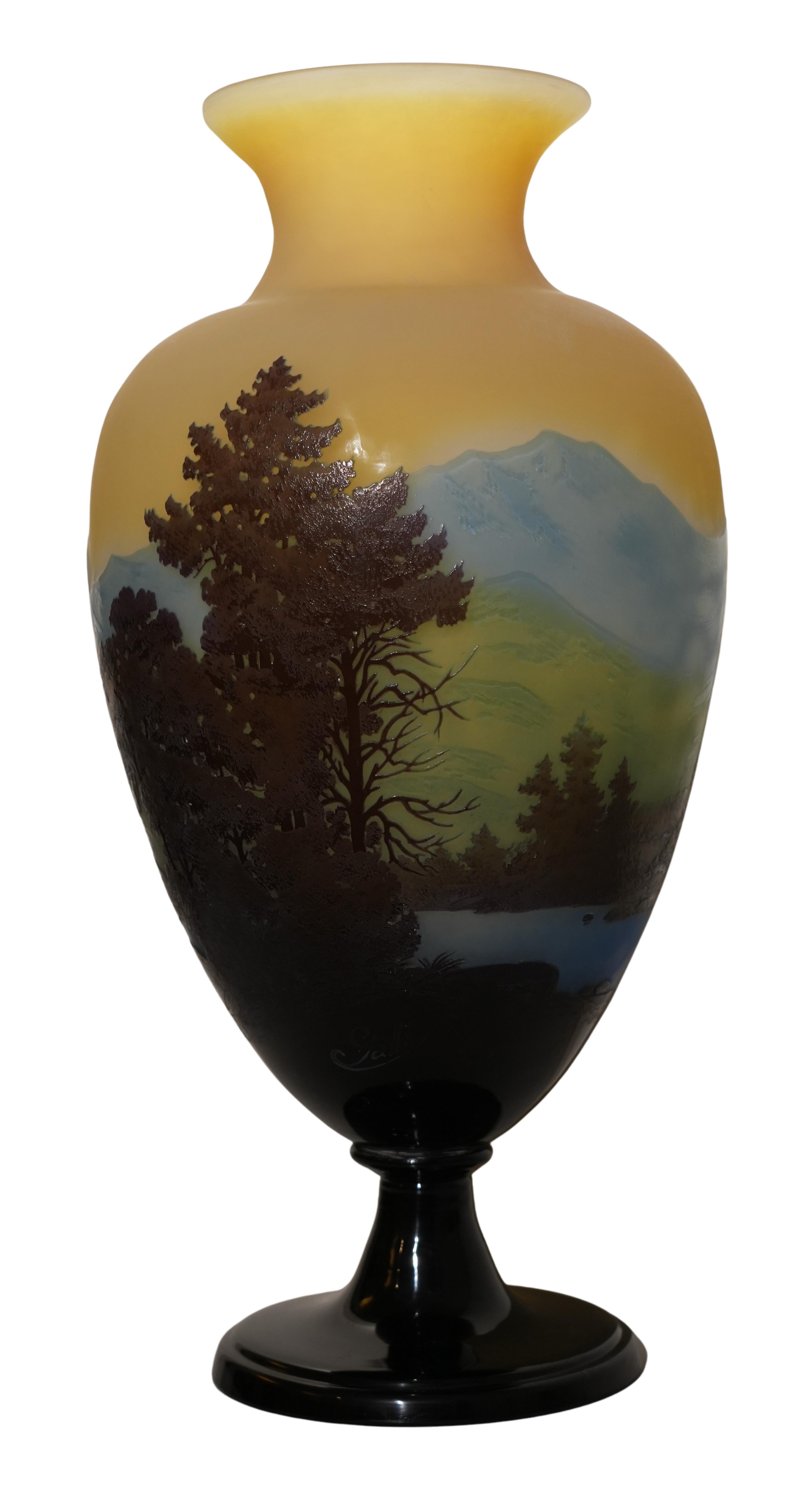 Uno squisito vaso Artistics dei primi del Novecento del famoso artista francese Émile Gallé. Questo splendido pezzo, realizzato in vetro lucidato a sabbia, mette in mostra il rispetto di Gallé per la natura. Il suo delicato design raffigura una