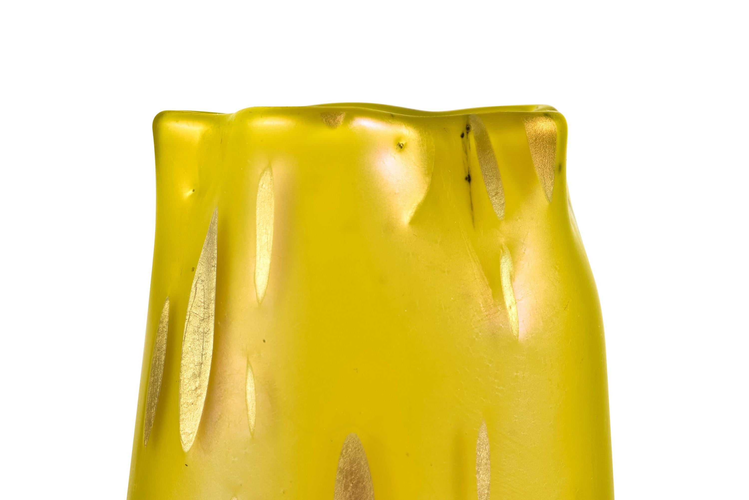 Austrian Glass Vase Cytisus Decoration Lemon Yellow Green Blue Loetz circa 1902 Austria For Sale
