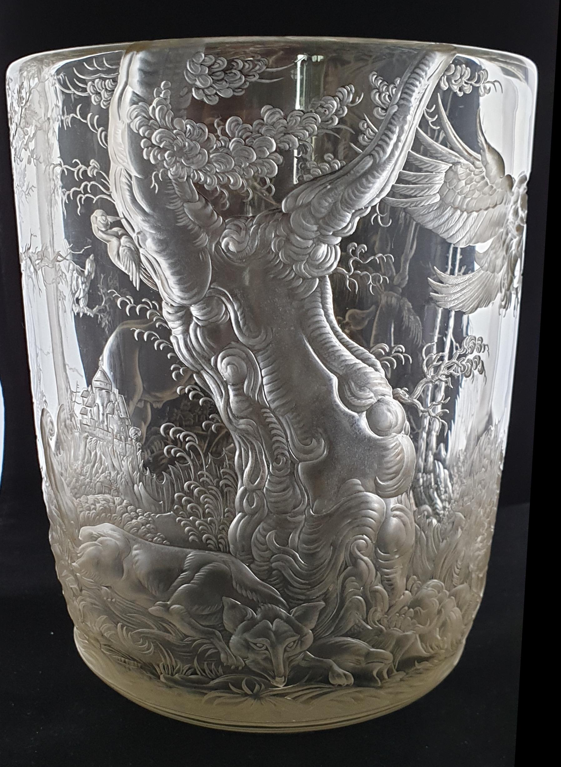 Austrian Glass Vase Engraved by August Bischof, circa 1930