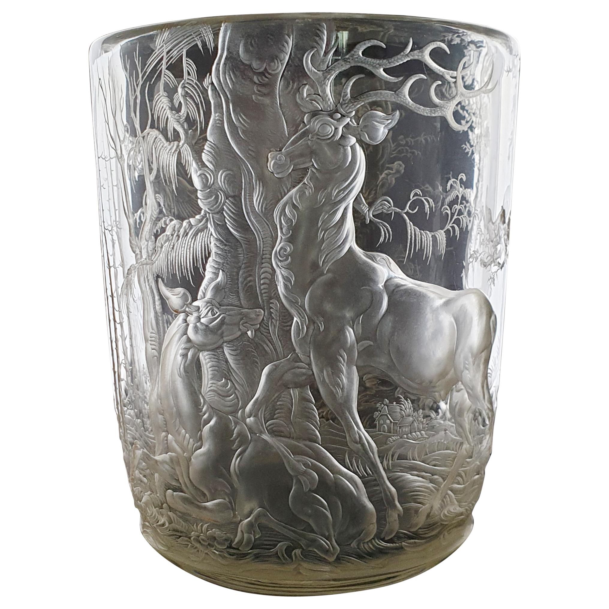 Glass Vase Engraved by August Bischof, circa 1930
