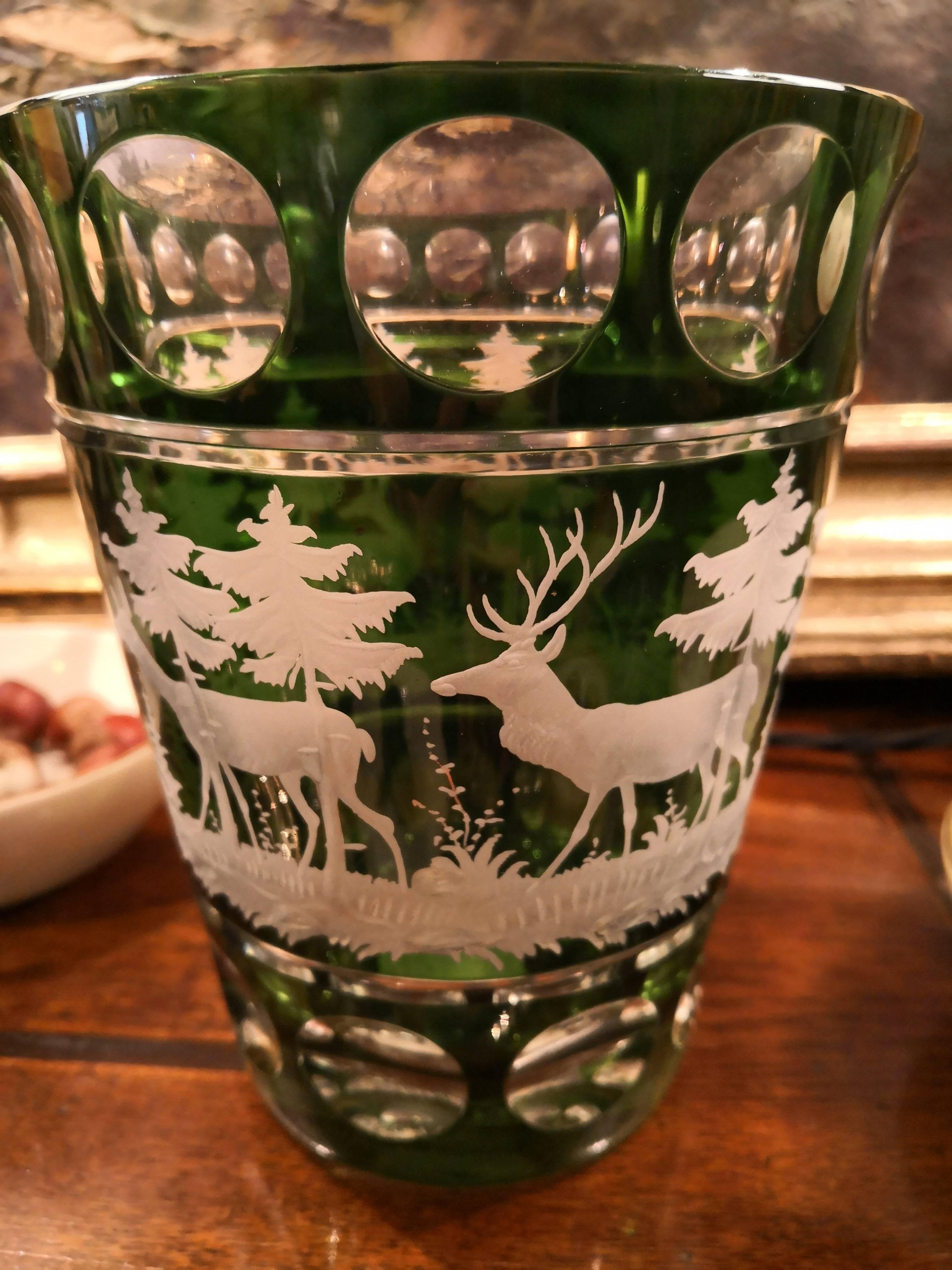 German Black Forest Vase Green Crystal with Hunting Decor Sofina Boutique Kitzbuehel For Sale