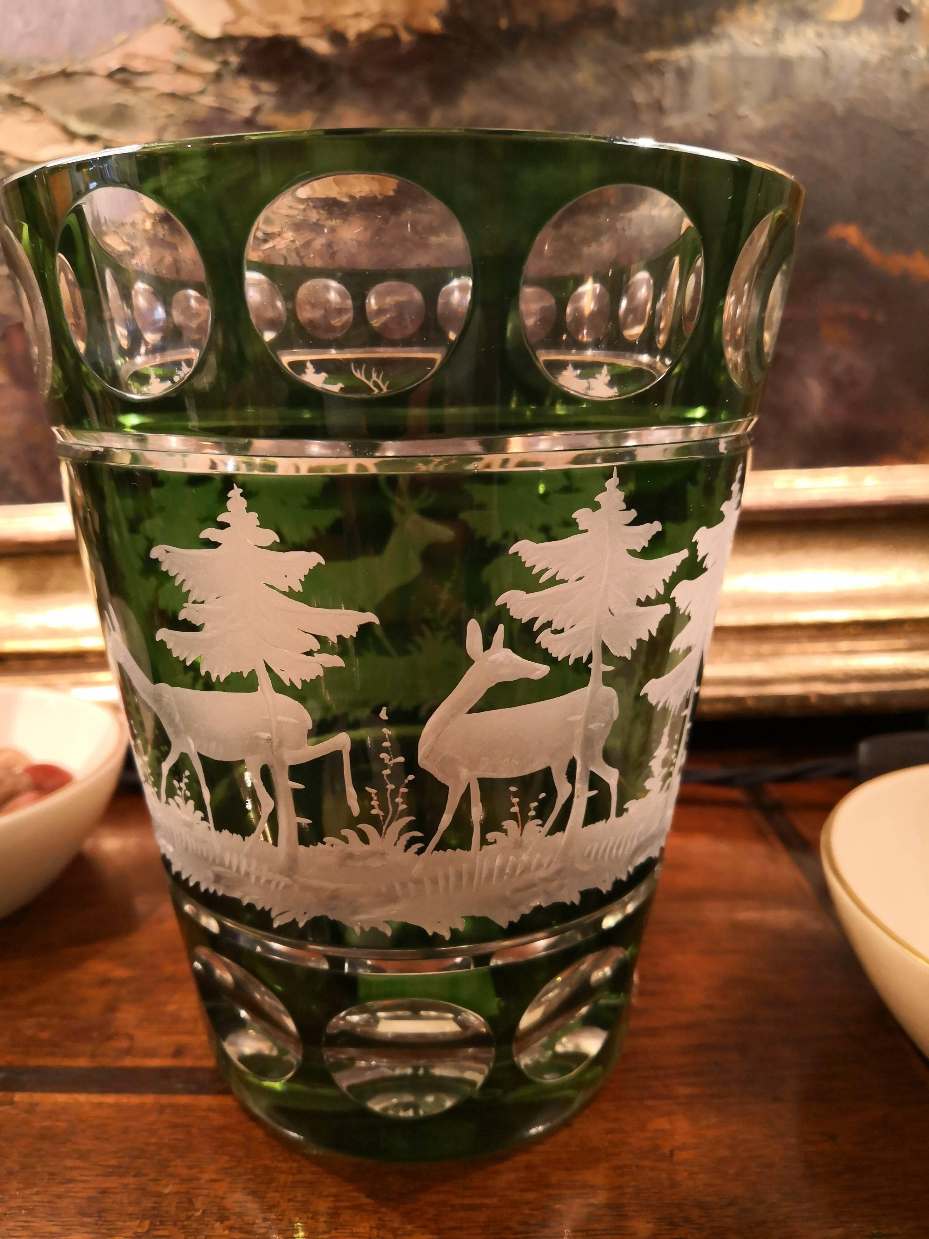 Hand-Crafted Black Forest Vase Green Crystal with Hunting Decor Sofina Boutique Kitzbuehel For Sale