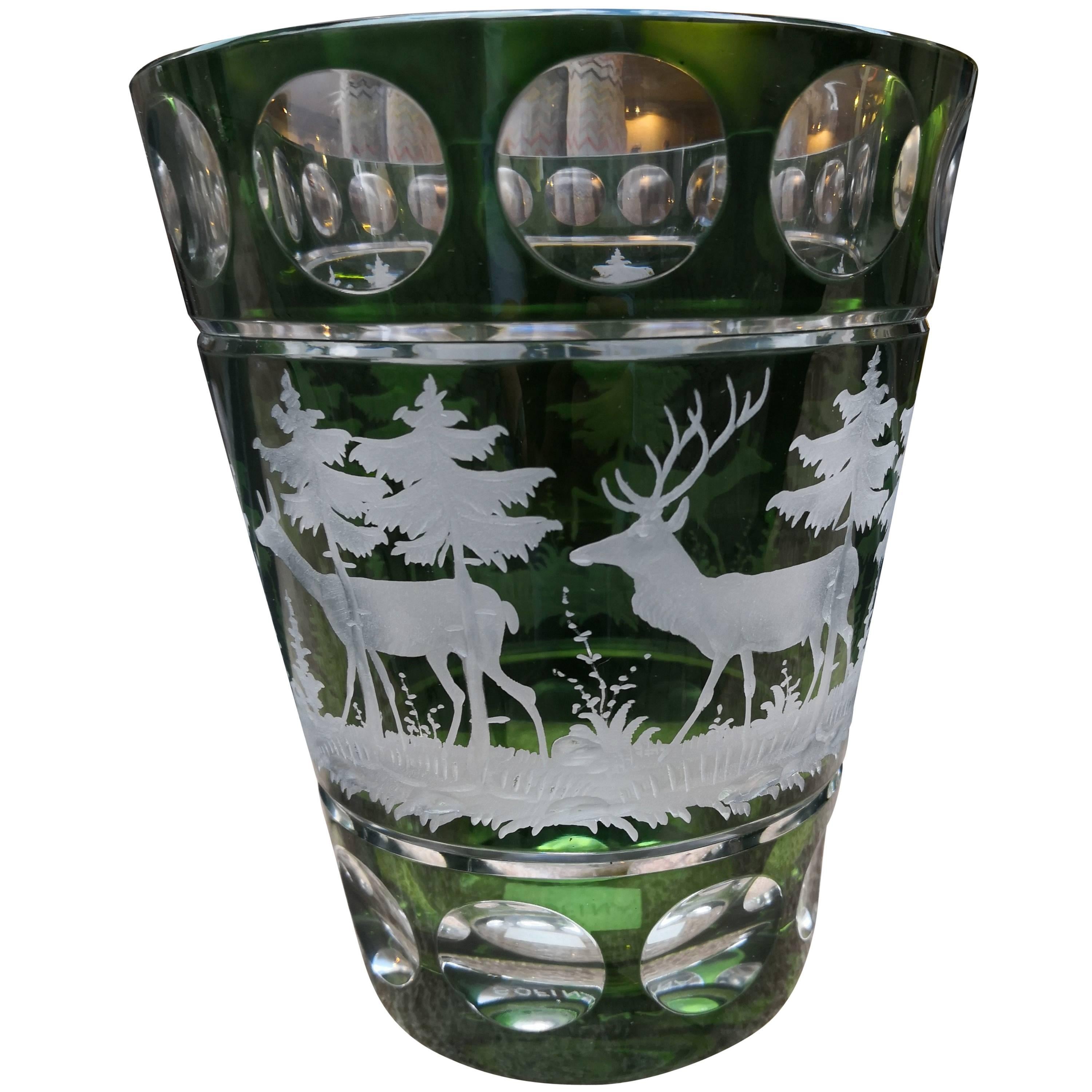Black Forest Vase Green Crystal with Hunting Decor Sofina Boutique Kitzbuehel For Sale