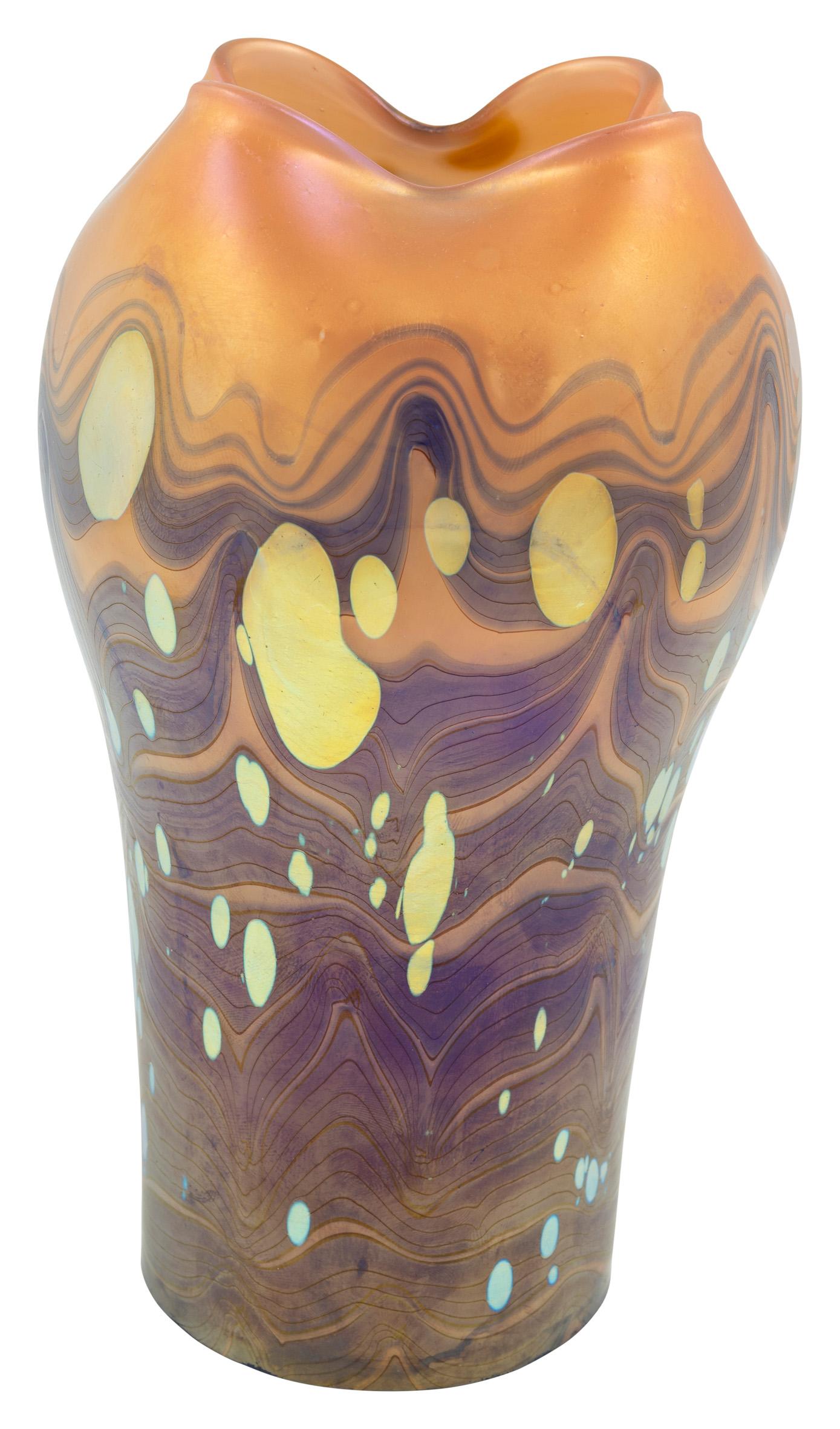 Vase en verre Jugendstil autrichien Johann Loetz Witwe bleu orange or circa 1902 Décor 
