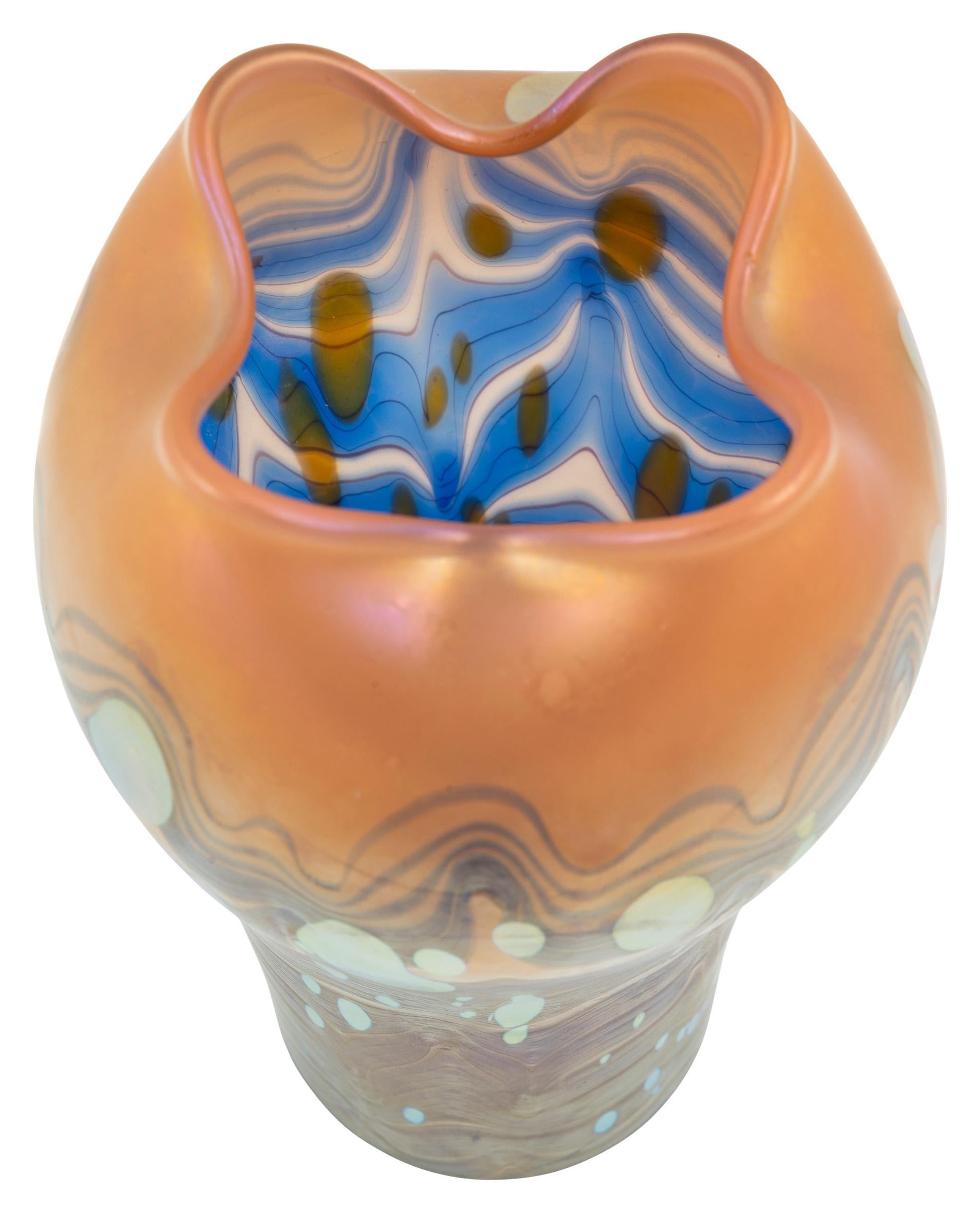 Jugendstil Glass Vase Loetz Cytisus Decoration Blue Orange Gold, circa 1902, Art Nouveau For Sale