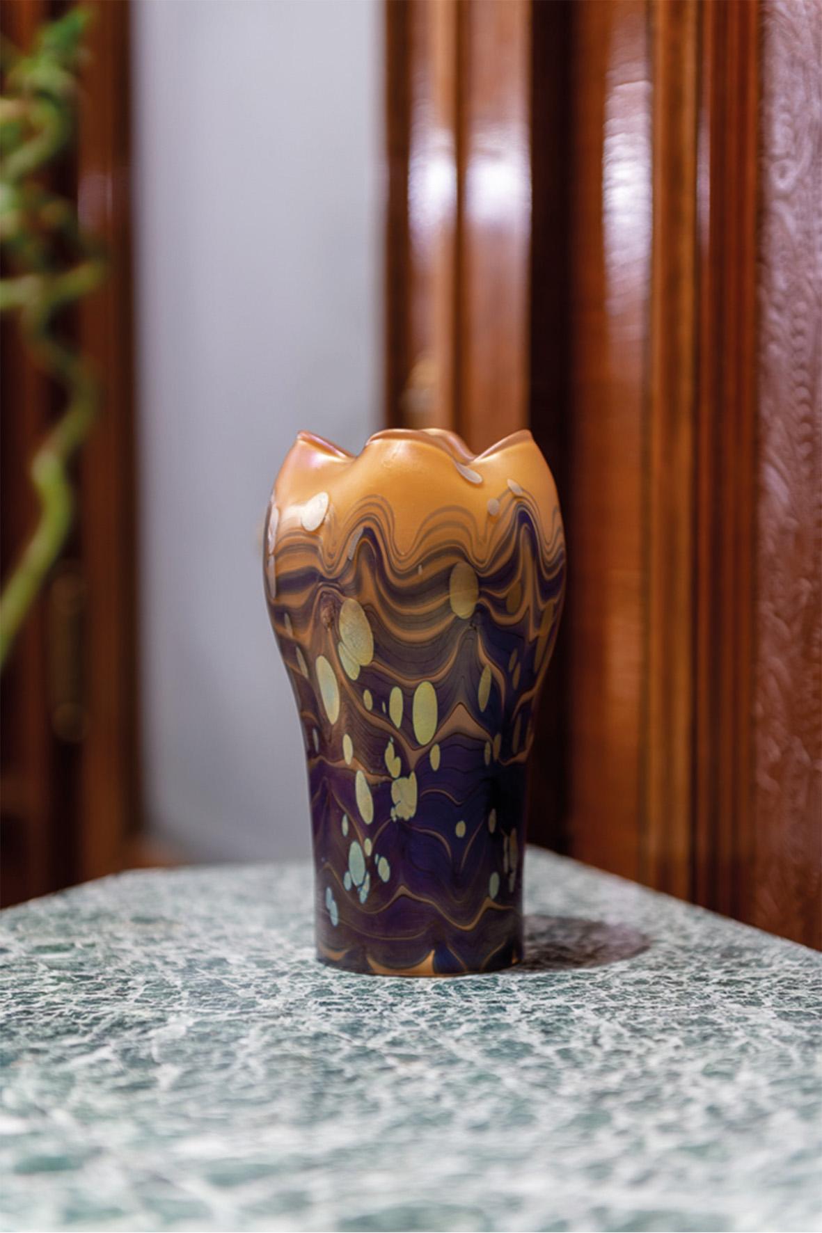 20th Century Glass Vase Loetz Cytisus Decoration Blue Orange Gold, circa 1902, Art Nouveau For Sale