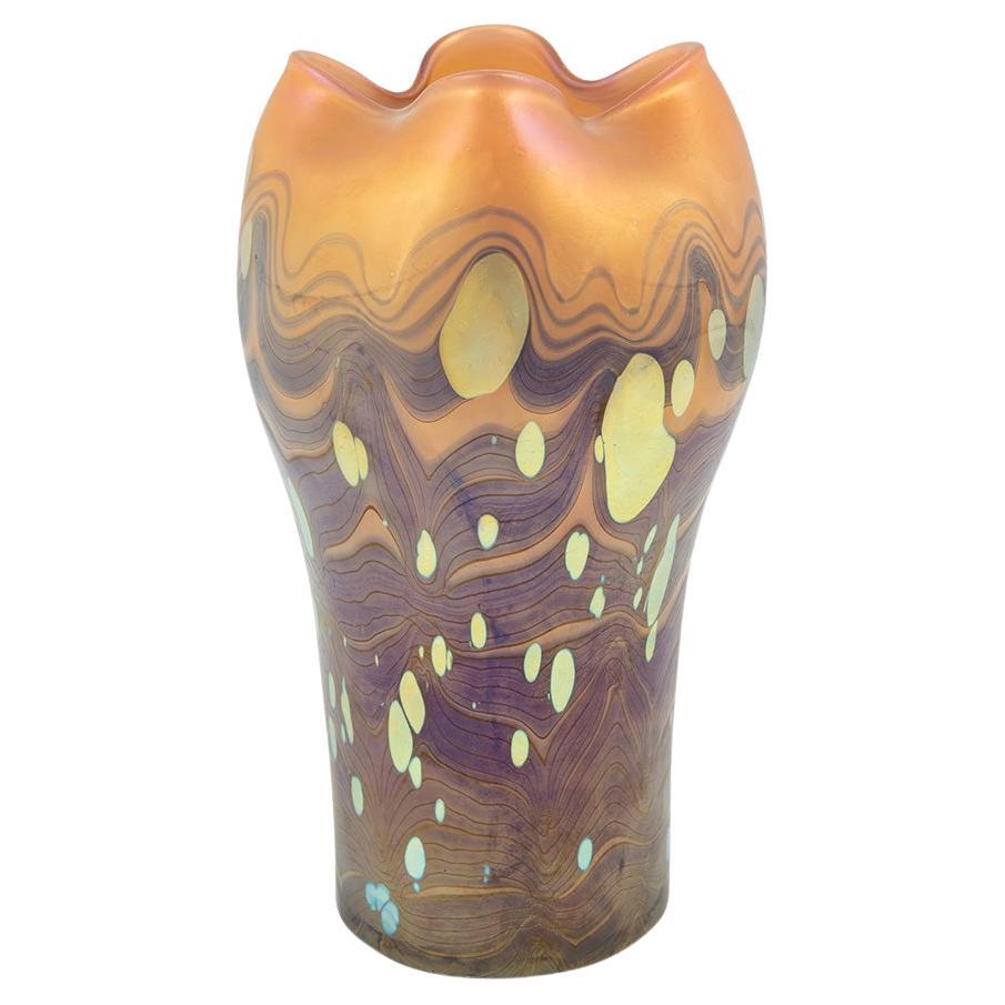 Vase en verre Loetz décoré de Cytisus en or bleu et orange, vers 1902, Art Nouveau