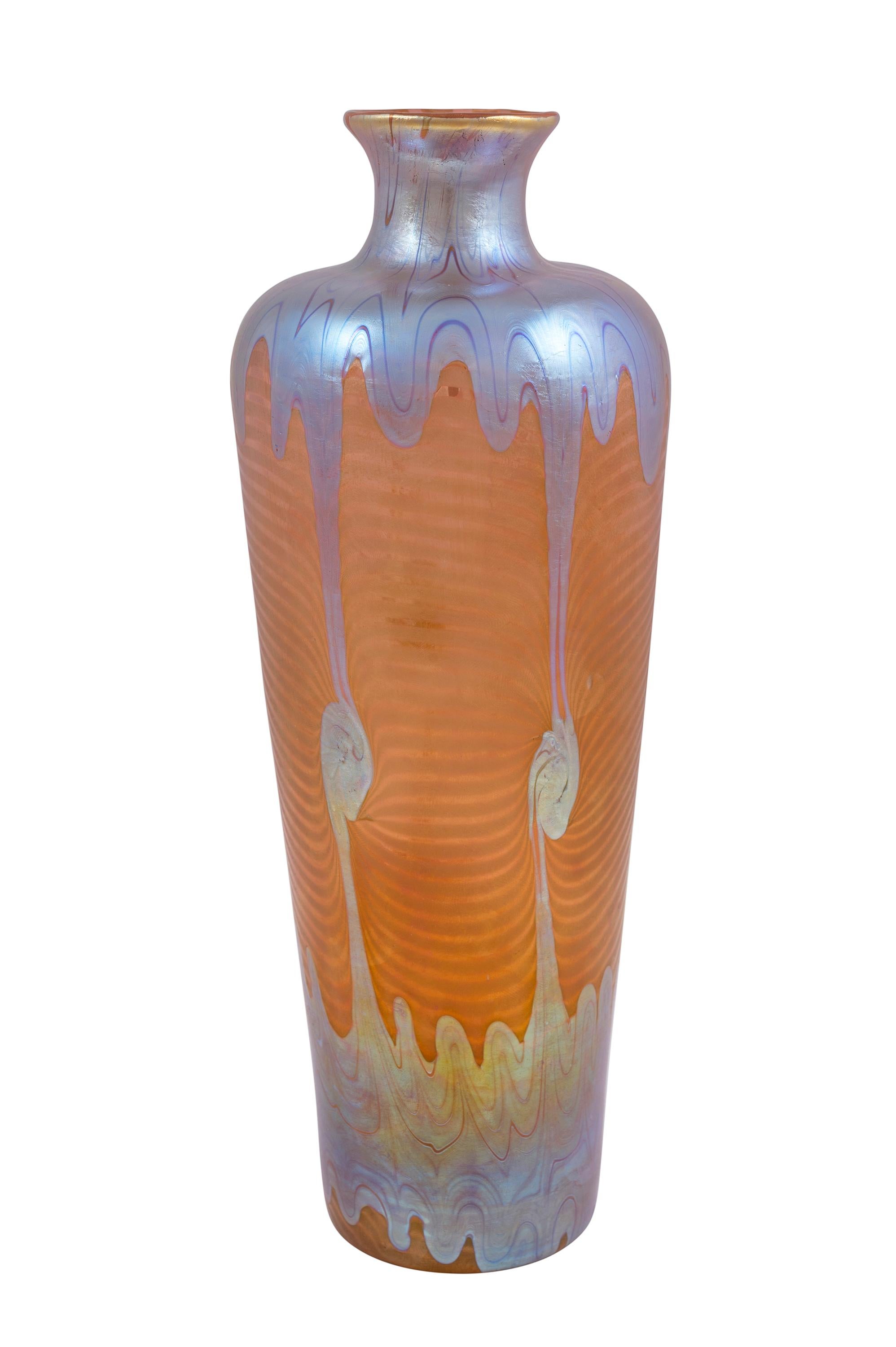 Glass vase, manufactured by Johann Loetz Witwe, PG 1/214 decoration, ca. 1901, signed Art Nouveau, Jugendstil, Art Deco, art glass, iridescent glass, orange, blue, silver

signed 