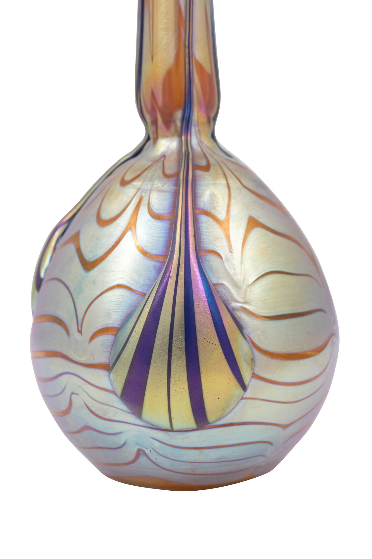 Austrian Glass Vase Loetz with Drop Applications Blue Orange Iridescent, circa 1901 For Sale