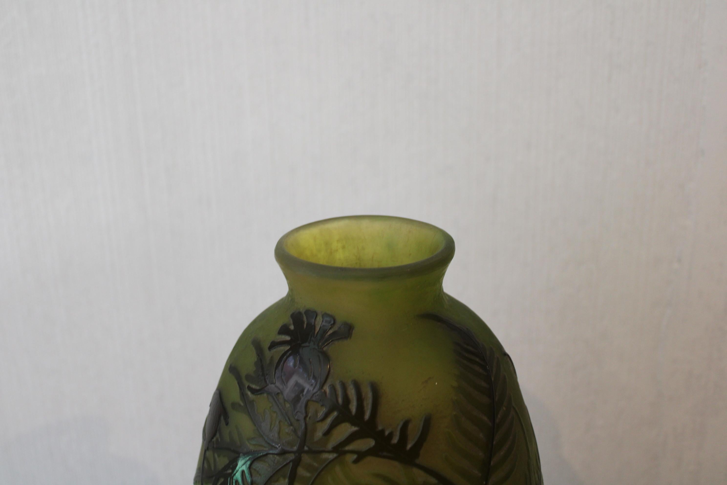 French Glass Vase Signed Gallé, Art Nouveau, France 20th century  For Sale