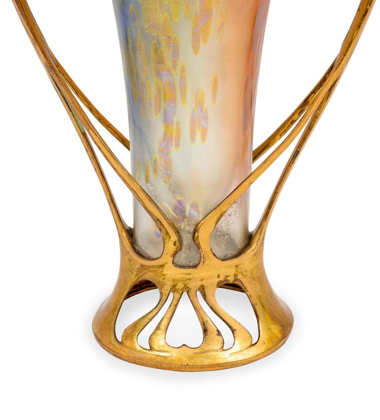 Glass Vase Tin Mounting Gilt Loetz Austrian Jugendstil Rainbow Colors circa 1900 In Good Condition For Sale In Vienna, AT