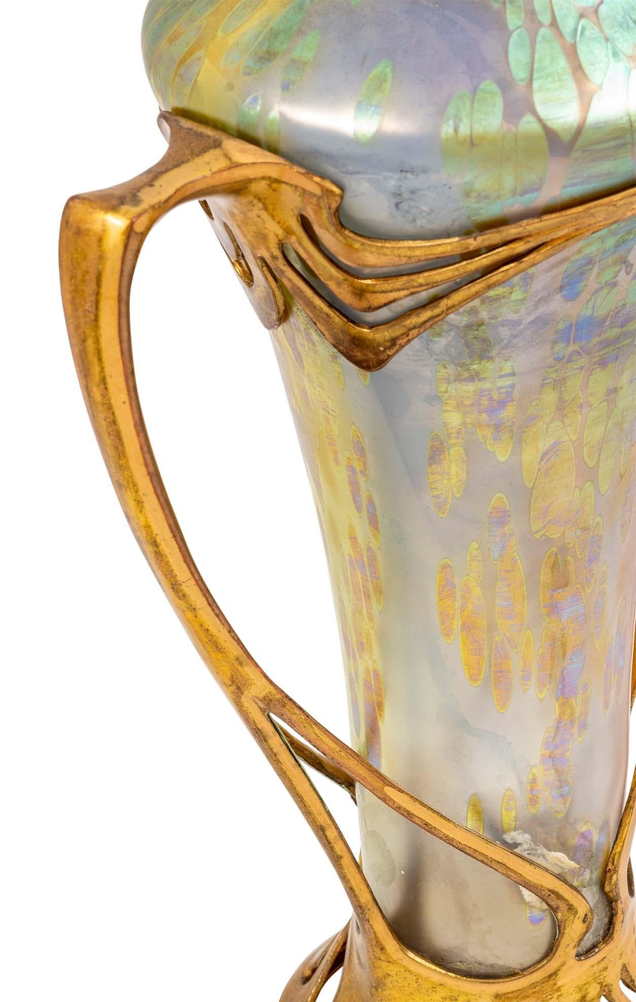 Glass Vase Tin Mounting Gilt Loetz Austrian Jugendstil Rainbow Colors circa 1900 In Good Condition For Sale In Klosterneuburg, AT