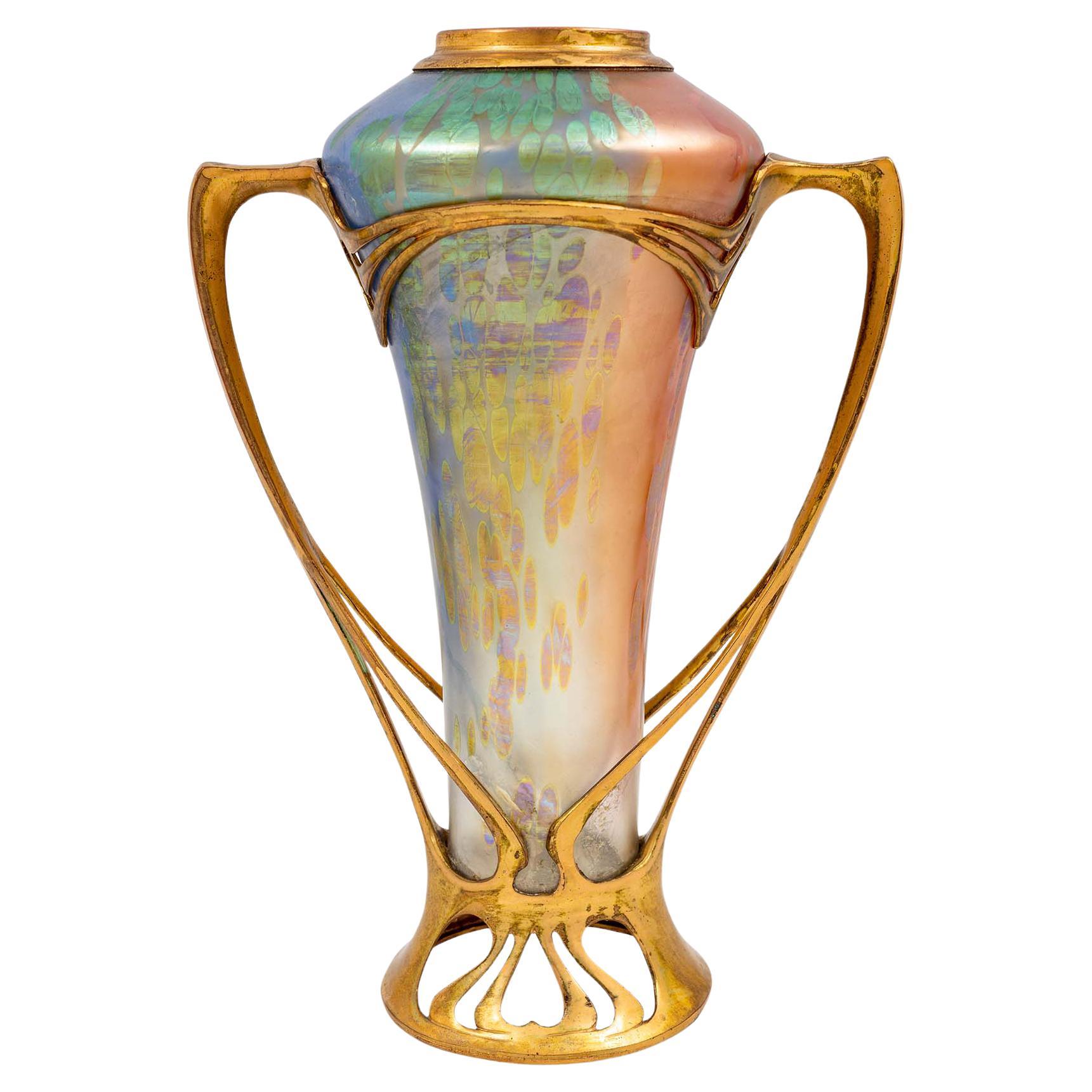 Glass Vase Tin Mounting Gilt Loetz Austrian Jugendstil Rainbow Colors circa 1900