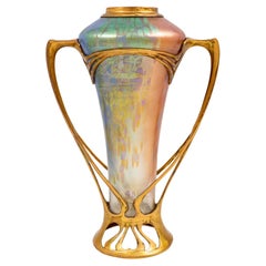 Glass Vase Tin Mounting Gilt Loetz Austrian Jugendstil Rainbow Colors circa 1900