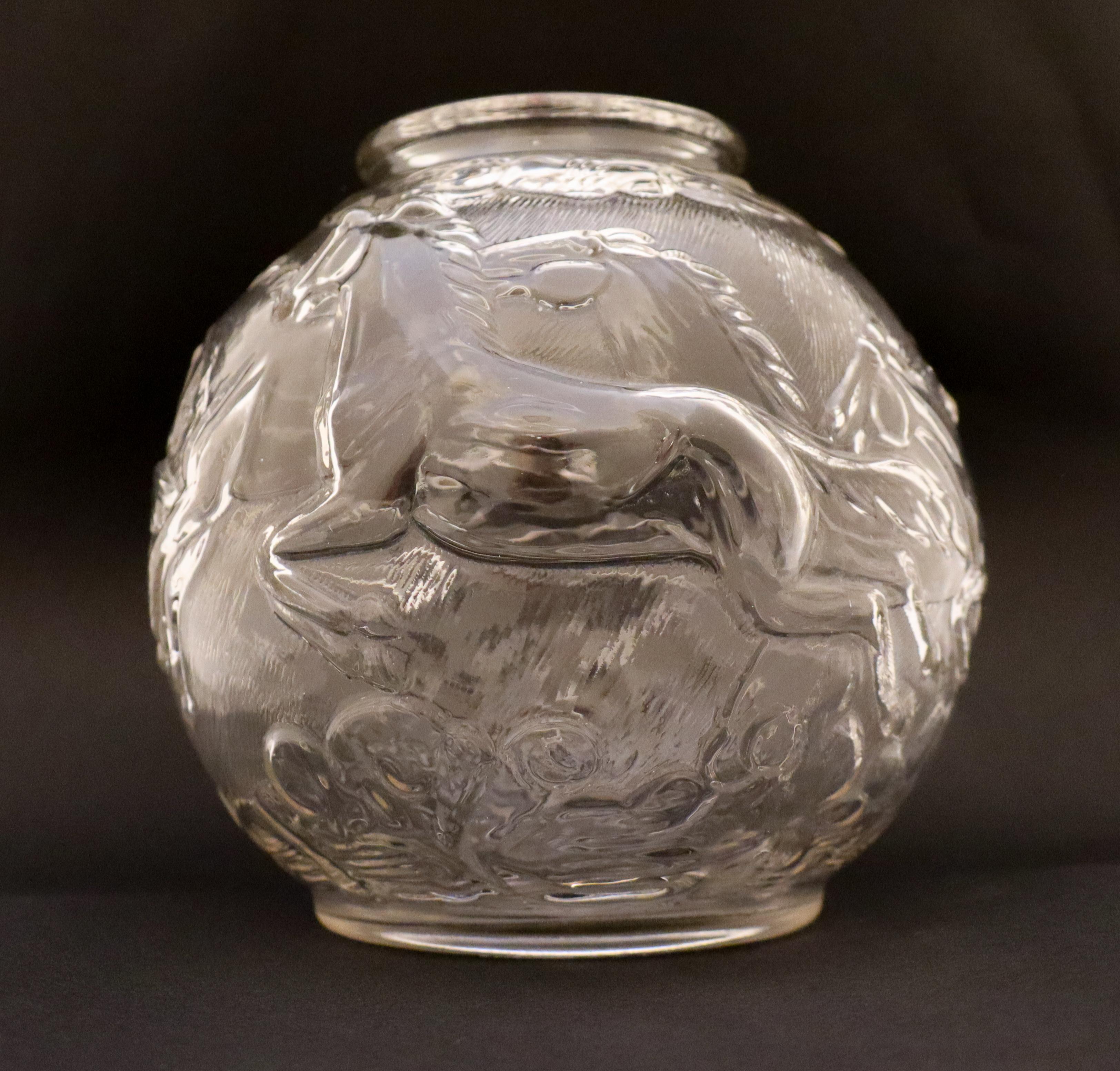 Scandinavian Modern Glass Vase Transparent Glass Decor of Horses, Round Globe, Glimma Sweden For Sale