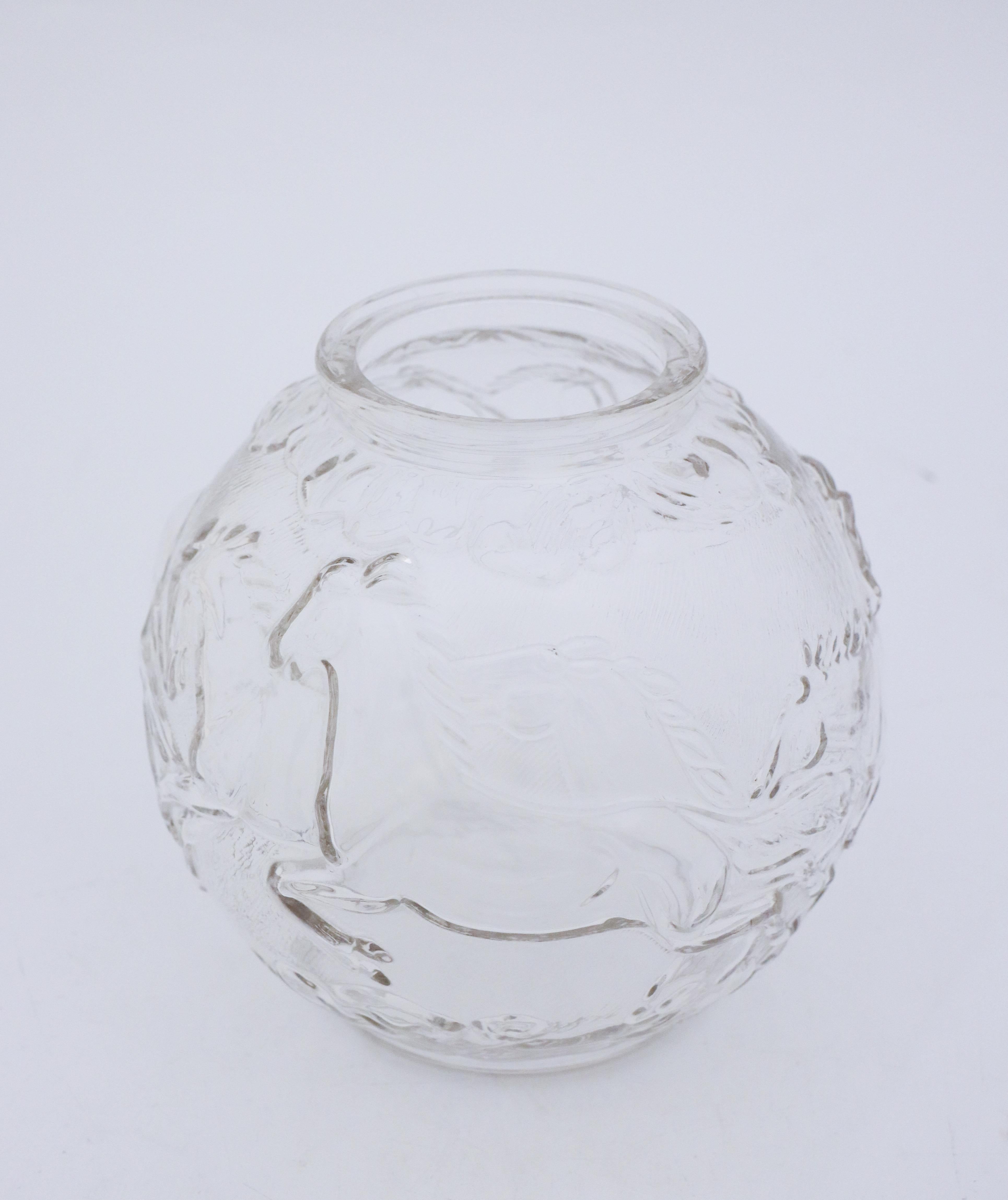 Swedish Glass Vase Transparent Glass Decor of Horses, Round Globe, Glimma Sweden For Sale
