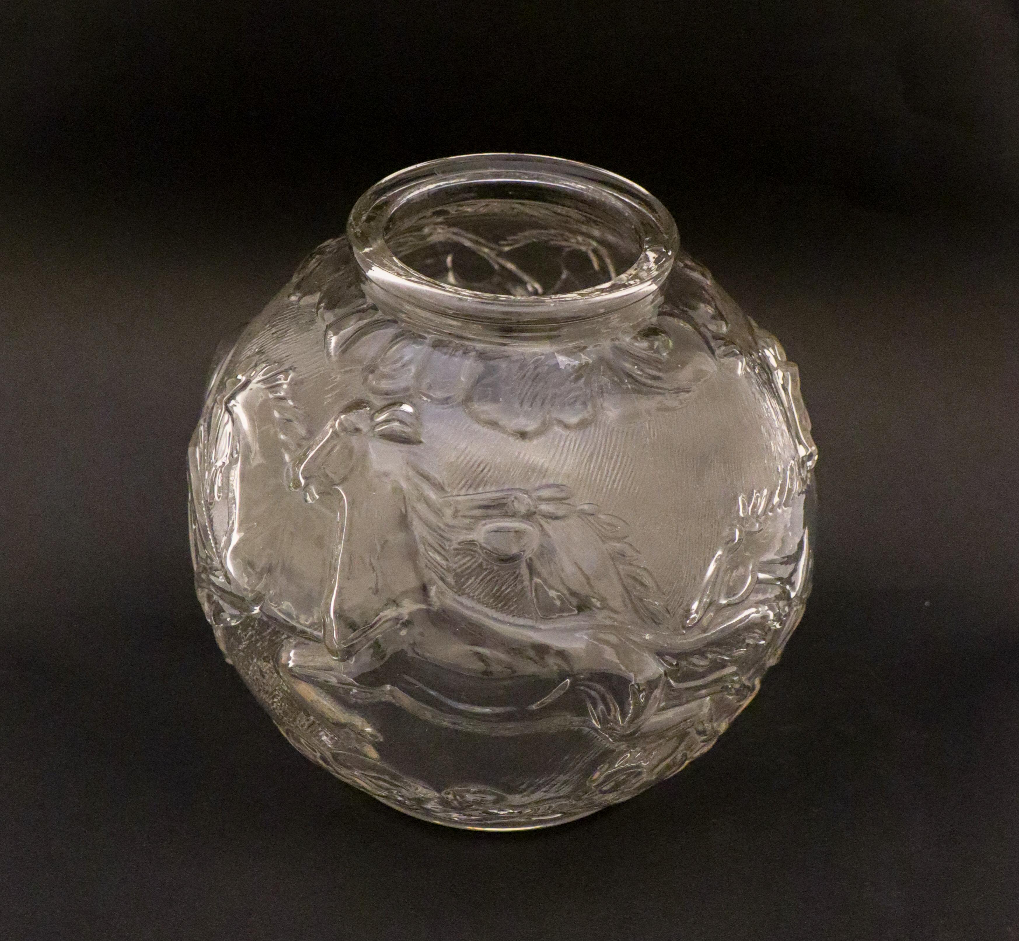 Mid-20th Century Glass Vase Transparent Glass Decor of Horses, Round Globe, Glimma Sweden For Sale