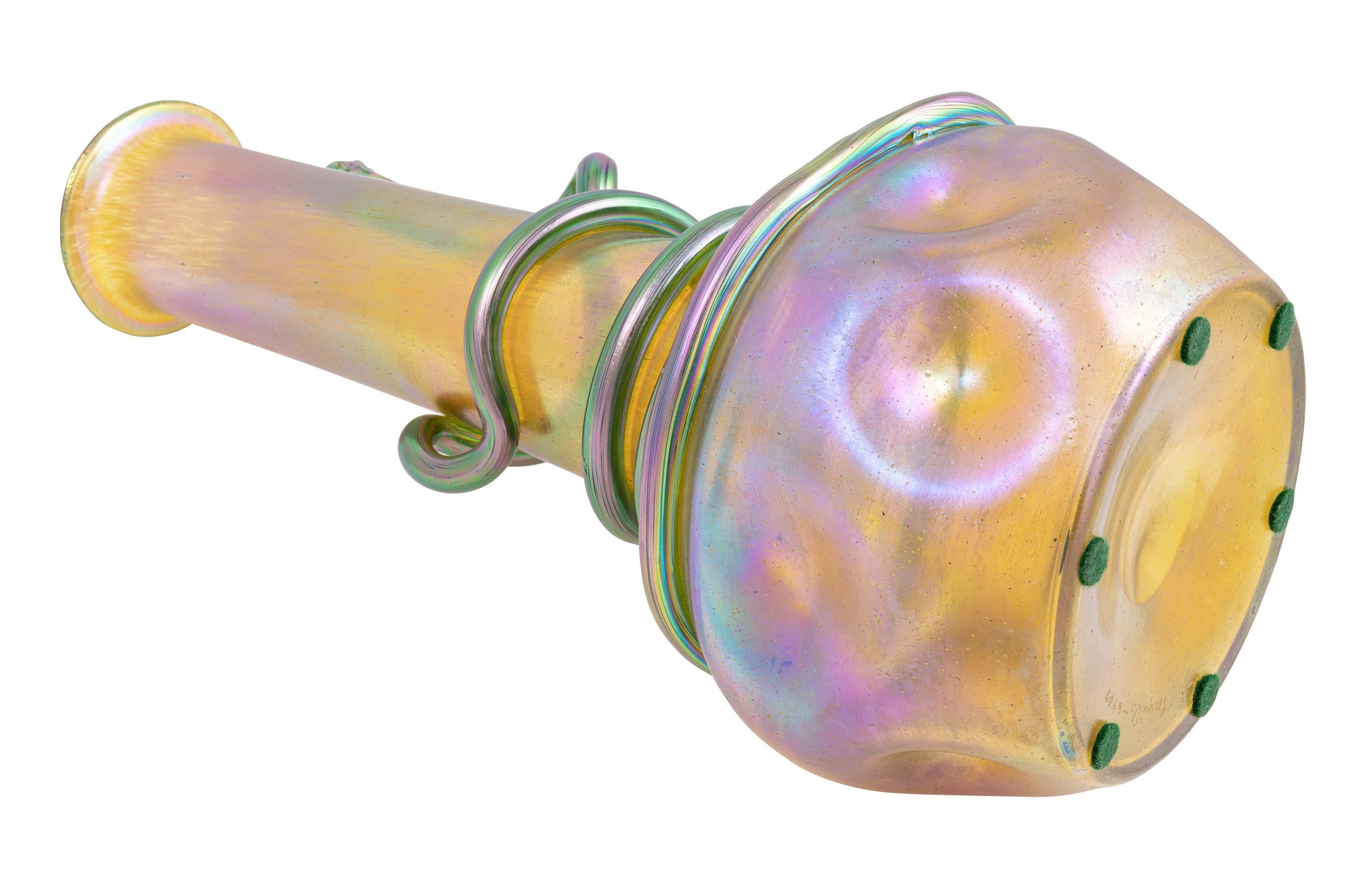 Austrian Glass Vase with a Snake Loetz Bohemian circa 1903 Iridescent Yellow Green