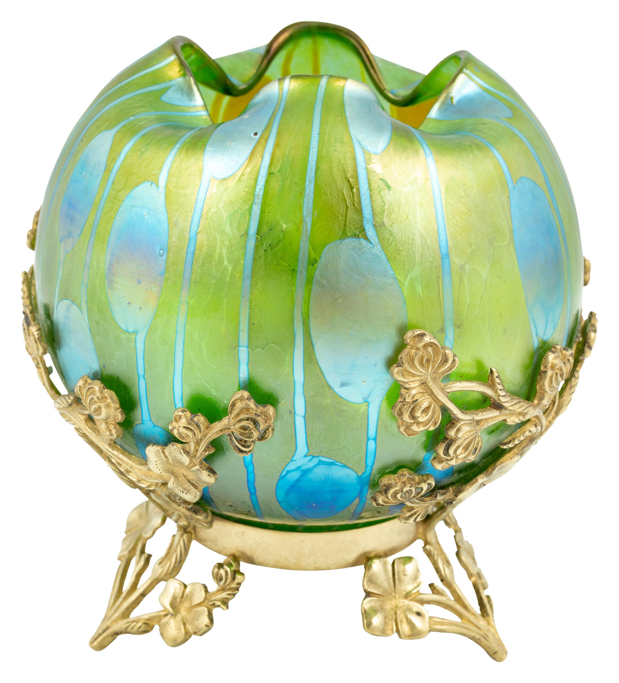 20th Century Glass Vase with Brass Fitting Koloman Moser Loetz circa 1901 Blue Green For Sale