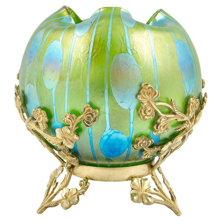 Glass Vase with Brass Fitting Koloman Moser Loetz circa 1901 Blue Green For Sale