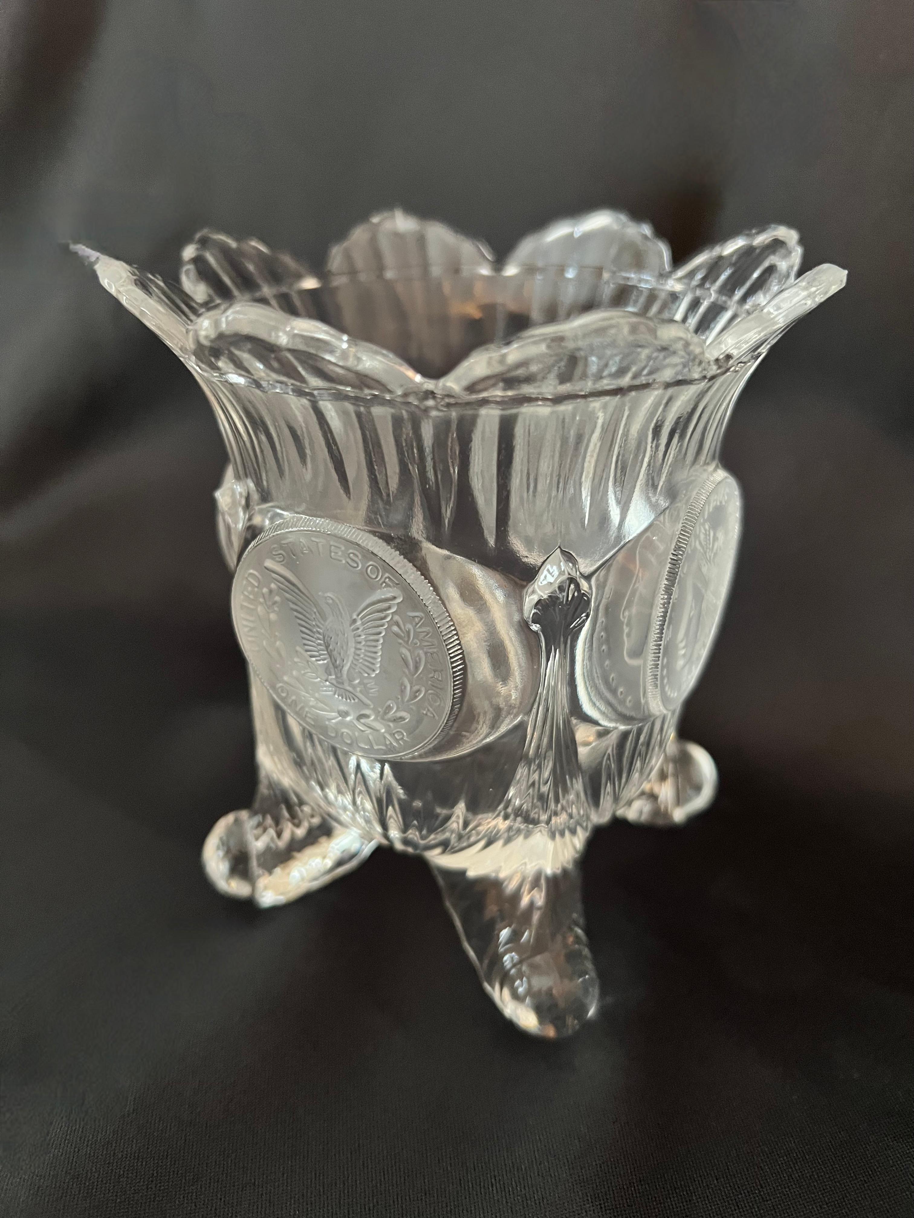 20th Century Glass Vase with Four Legs, Scalloped Top and Frosted Medallions For Sale