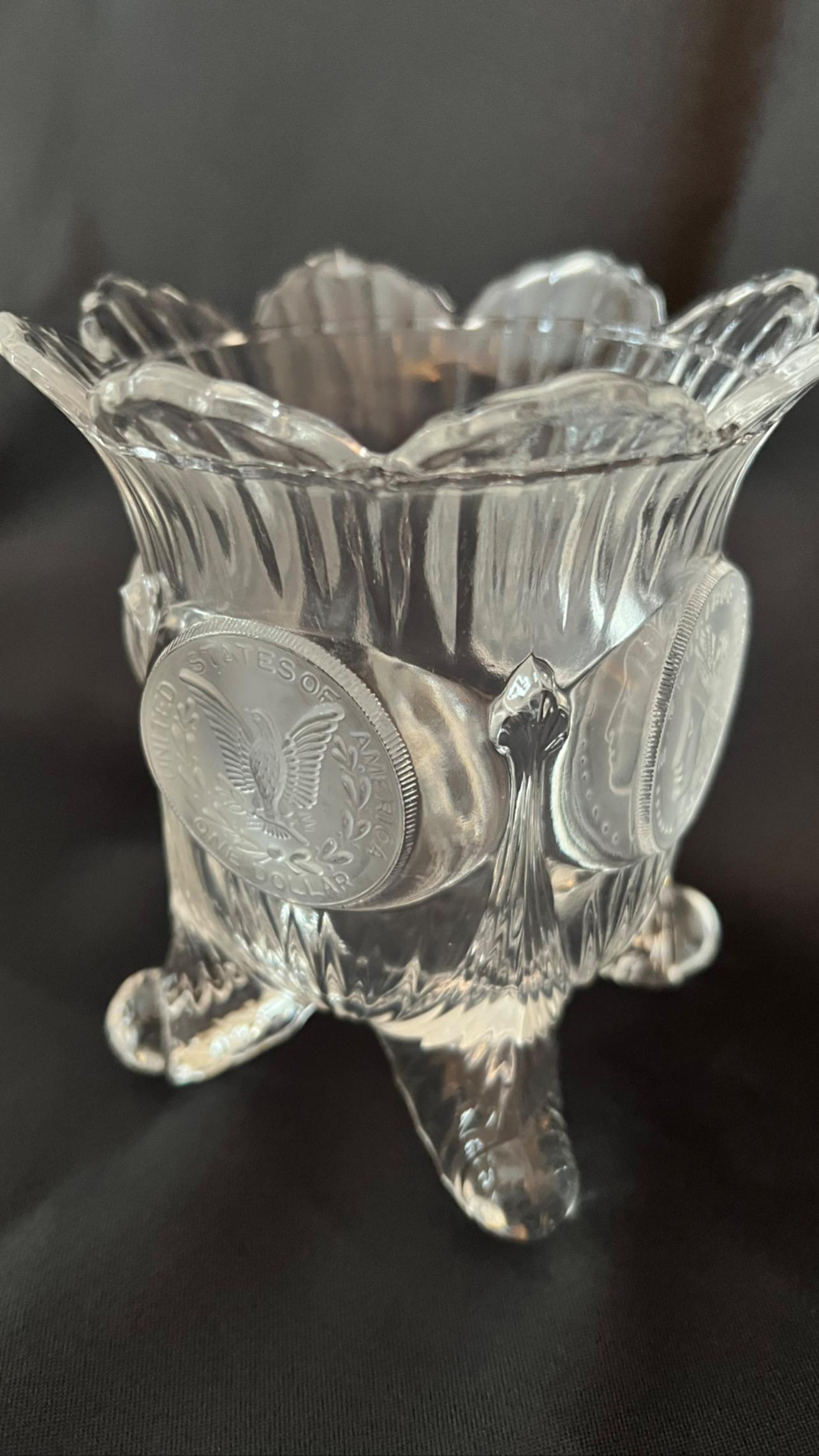 Glass Vase with Four Legs, Scalloped Top and Frosted Medallions For Sale 1