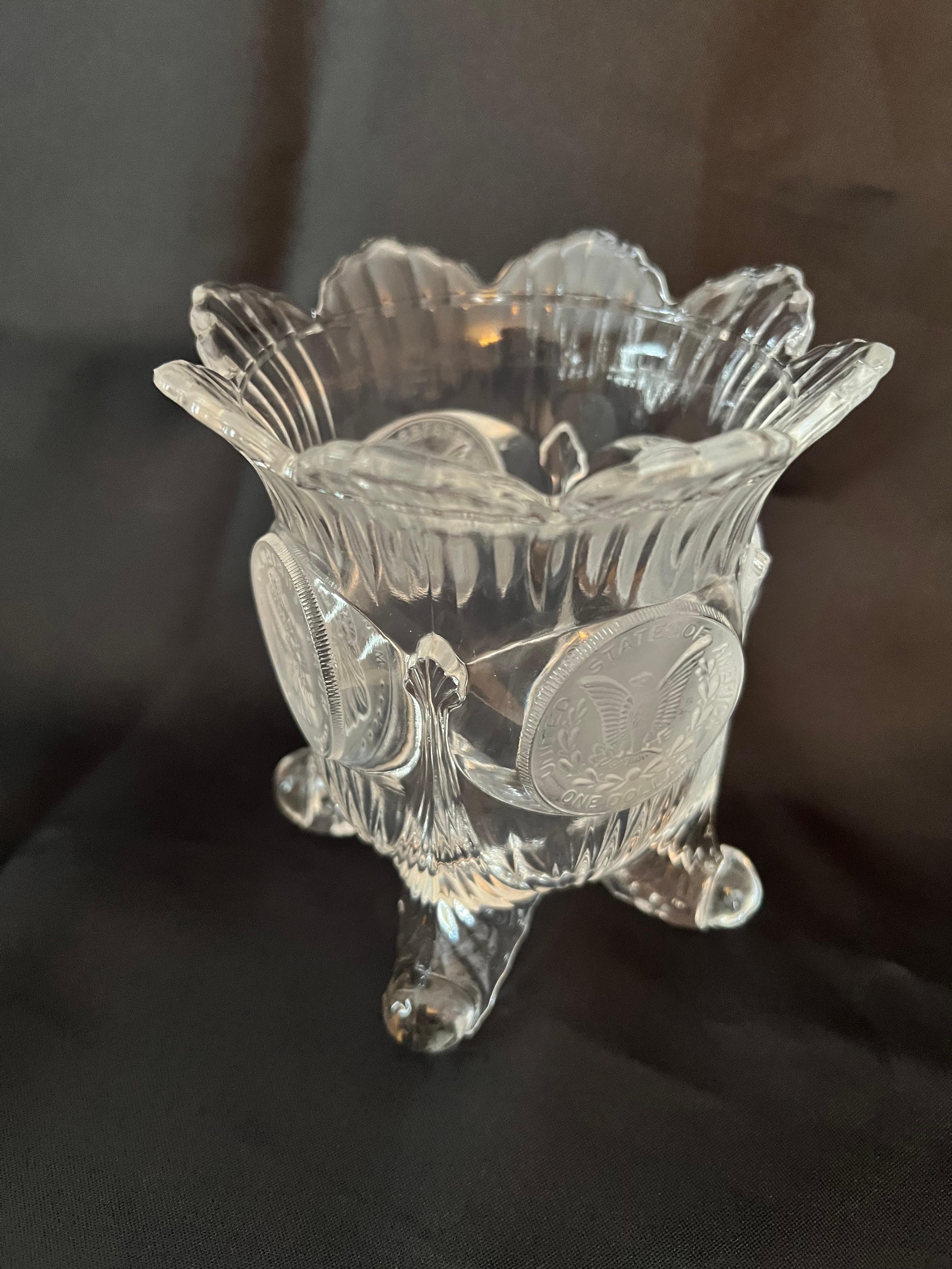 Glass Vase with Four Legs, Scalloped Top and Frosted Medallions For Sale 2