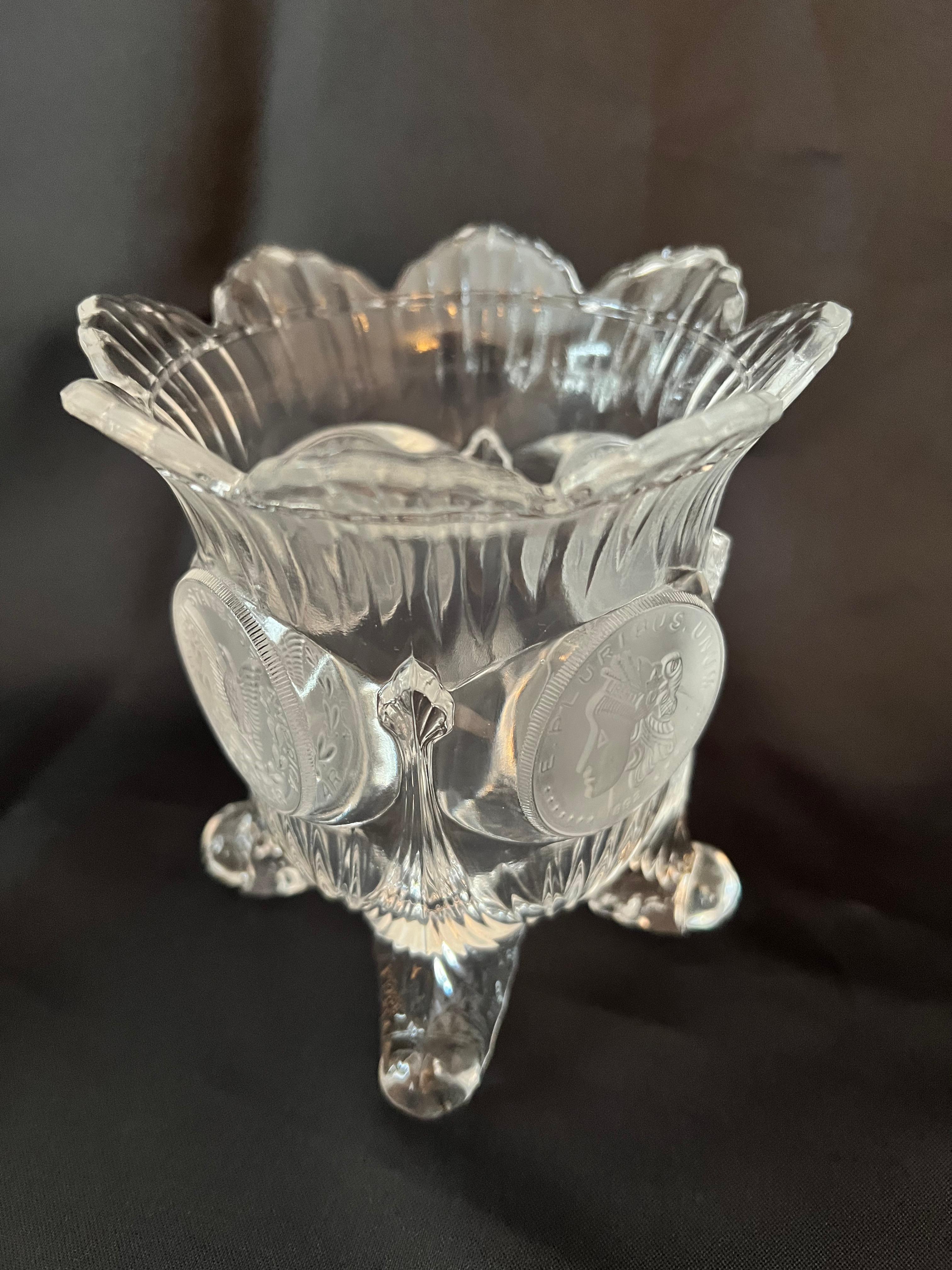 Glass Vase with Four Legs, Scalloped Top and Frosted Medallions For Sale 3