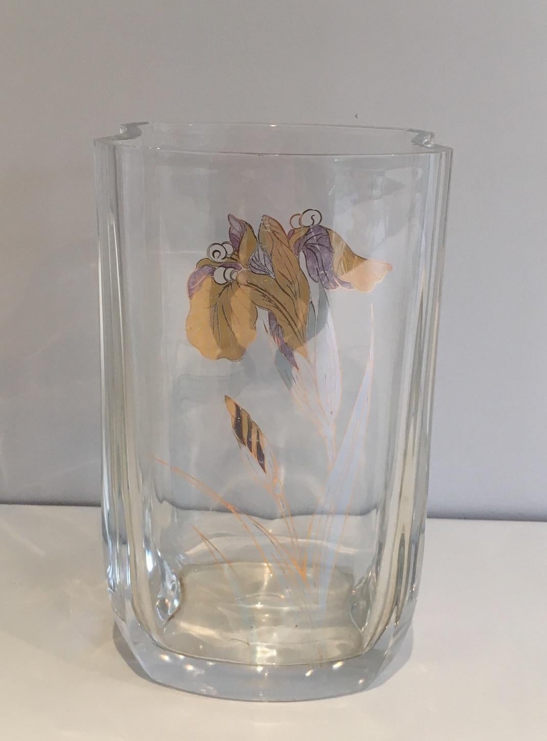This vase is made of glass with a gilt flower. French work. Circa 1970