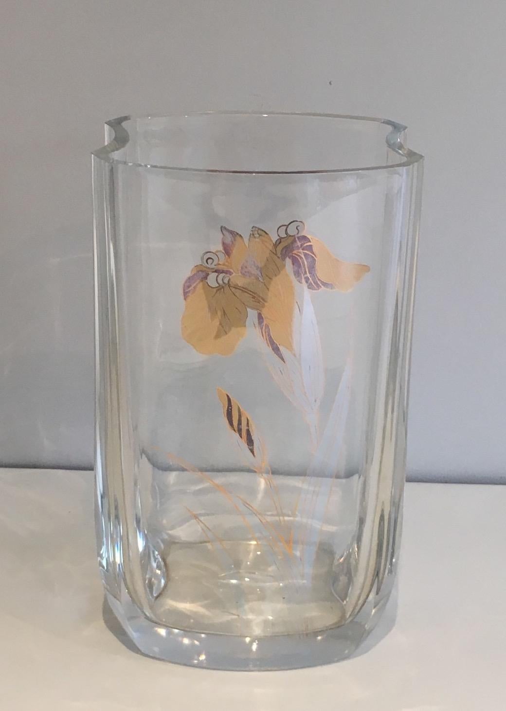Mid-Century Modern Glass vase with Gilt Flower. French work. Circa 1970 For Sale