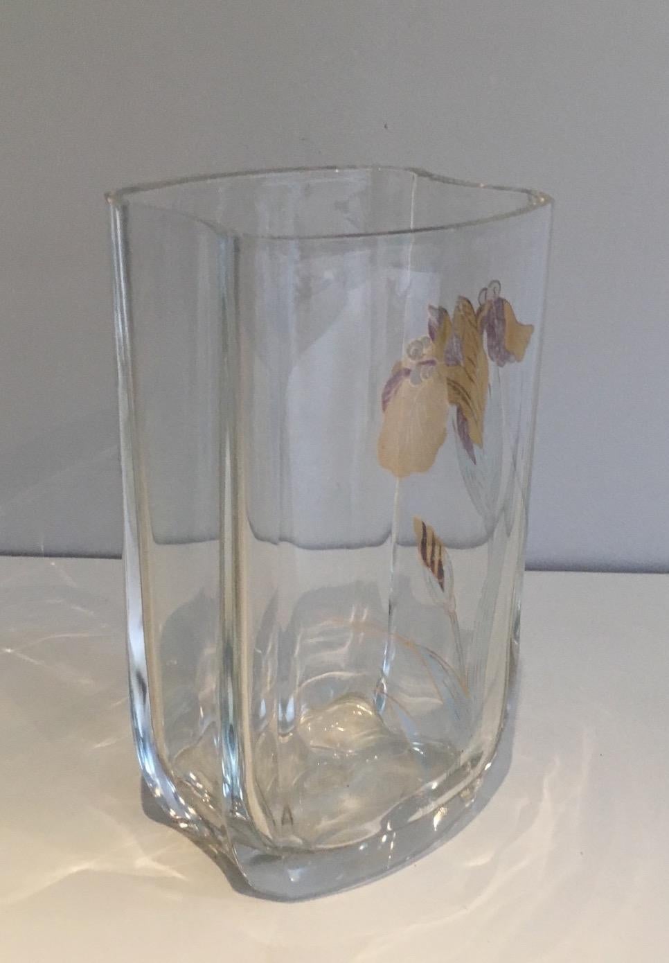 Glass vase with Gilt Flower. French work. Circa 1970 In Good Condition For Sale In Marcq-en-Barœul, Hauts-de-France